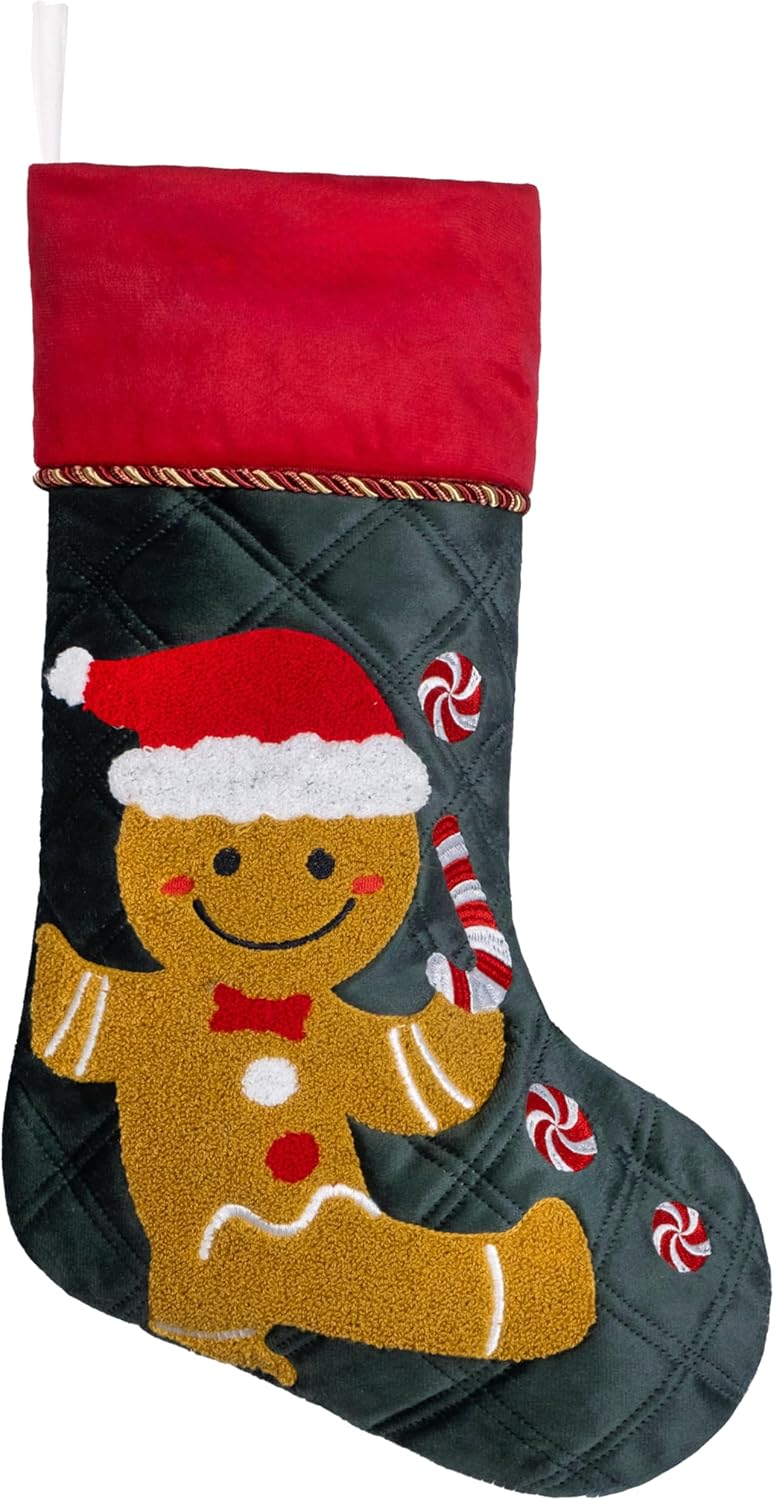 BHD BEAUTY Set of 6 Christmas Stockings Gray Burlap Buffalo Red Plaid Soft Faux Fur 20 Inches Lovely Embroidery Pattern for Family Decorations Hanging Ornament for Xmas Holiday Party