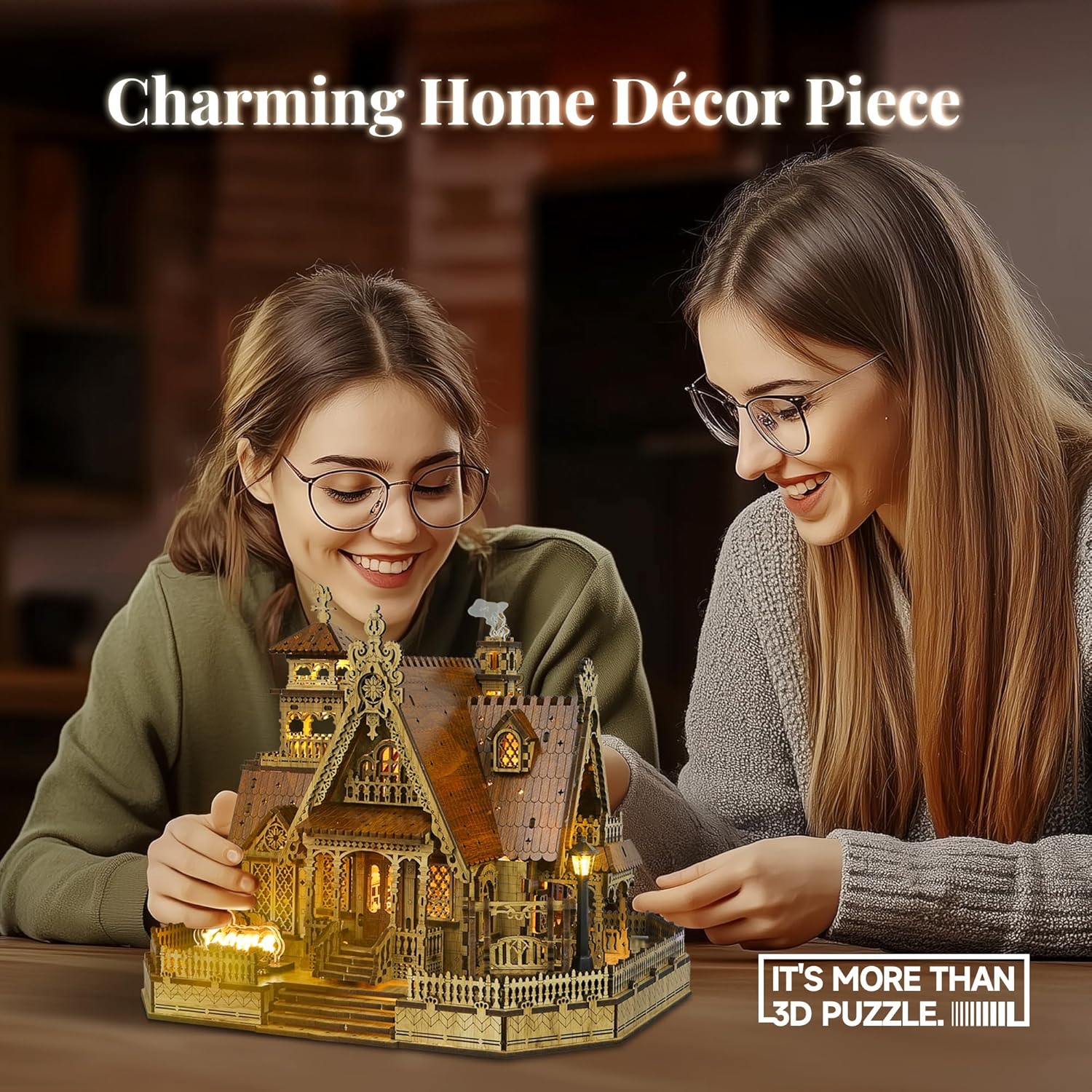 FUNPOLA LED 3D Wood Puzzle Countryside Cottage Model - DIY Miniature Building Kit with Spark LED Lights - 3D Craft Rural Architecture Home Décor Gift for Adults