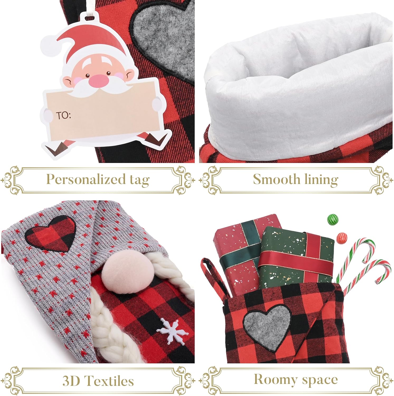 Valery Madelyn 21 Inch Christmas Gnome Stockings Decorations, 2 Pack Fabric Red Gray Tartan Cute Stocking with Name Tag, Valentine Day Gifts for Gnomes Lover and Women