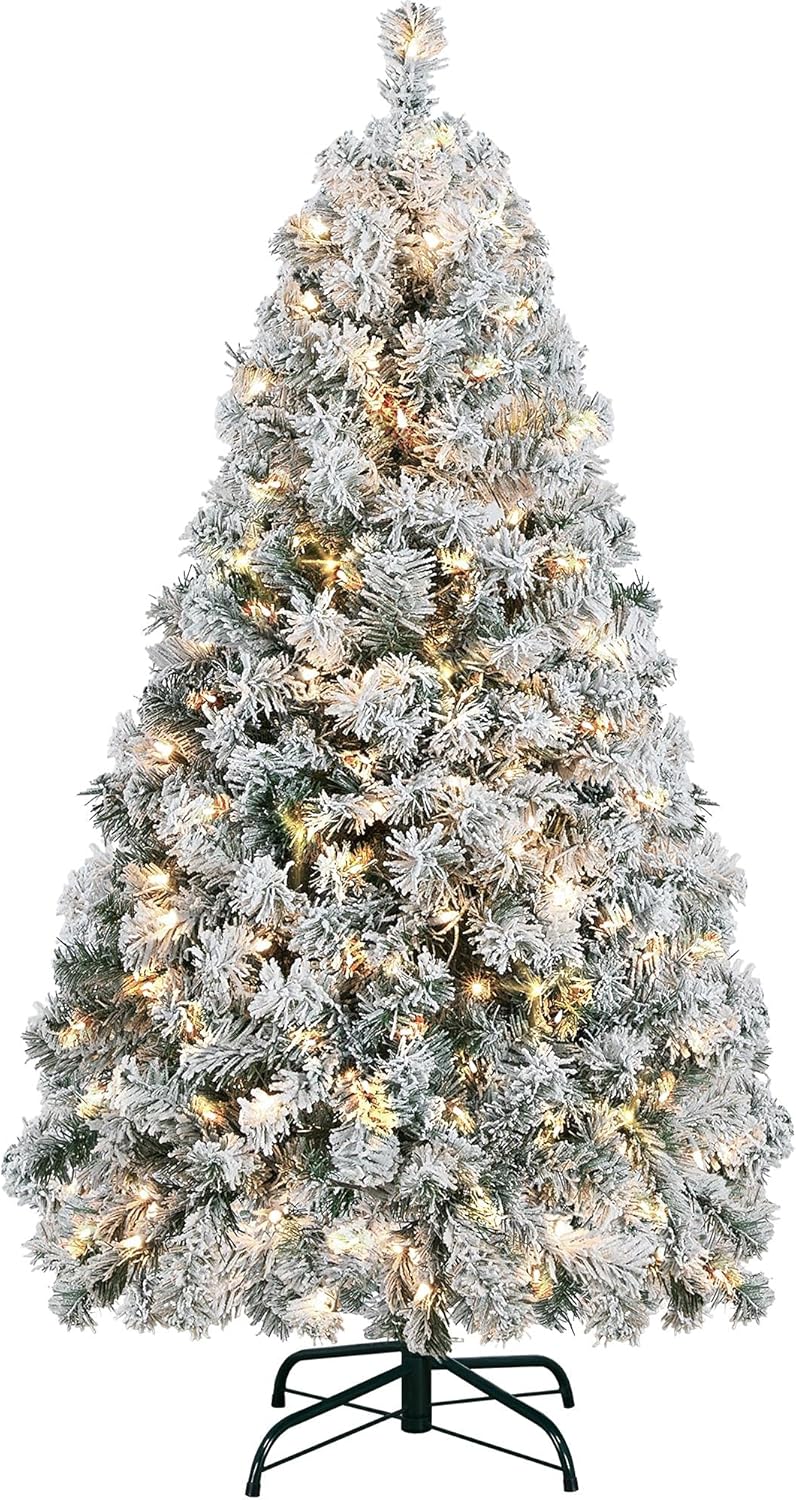 6ft Snow Flocked Pre-lit Christmas Tree with 250 Warm White Lights, 820 Lush Branch Tips & Quick-Assembly Hinged Design, Full Artificial Xmas Tree for Winter Holiday Décor, Green & White