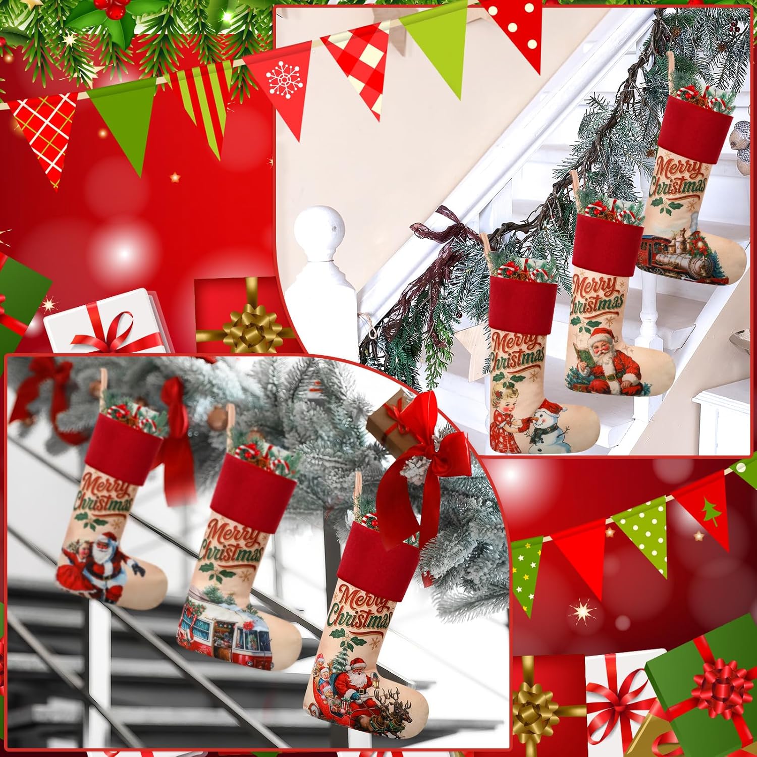 Simgoing 6 Pcs Vintage Christmas Stockings 18'' Large Rustic Santa Christmas Stockings with Velvet Border Hanging Xmas Ornament for Tree Fireplace Farmhouse Family Holiday Party Decoration Gift