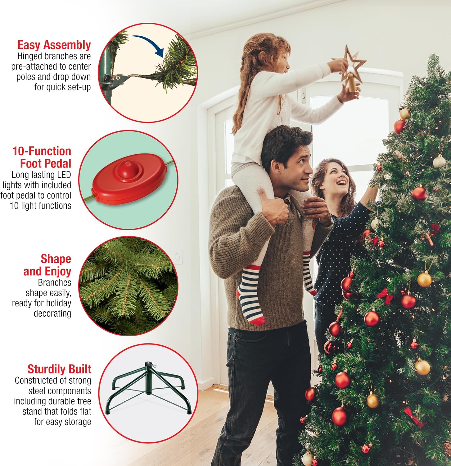 National Tree Company 7.5 ft Pre-Lit Dunhill Fir Artificial Christmas Tree, 700 LED Lights, 2,514 Tips, Foot Pedal, 10 Light Functions, Includes Stand, Green