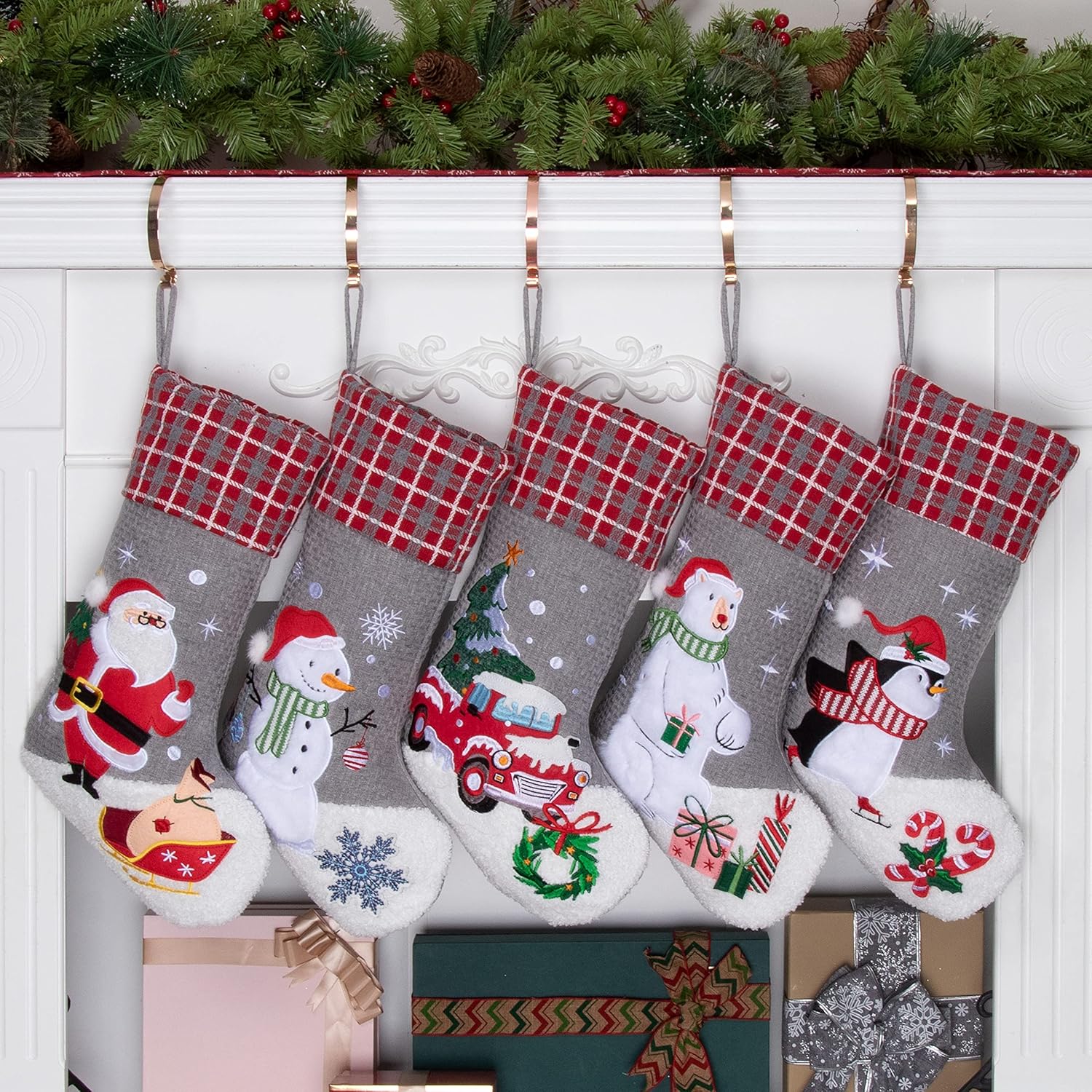BHD BEAUTY Set of 6 Christmas Stockings Gray Burlap Buffalo Red Plaid Soft Faux Fur 20 Inches Lovely Embroidery Pattern for Family Decorations Hanging Ornament for Xmas Holiday Party