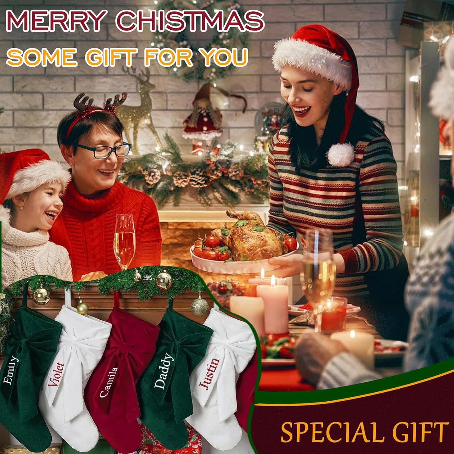 Flycalf Velvet Christmas Stockings 6 Pack Large 20 Inches with Hanging Loop Embroidery Classic Luxury Family Ornament Fireplace Hanging Stockings for Christmas Decorations