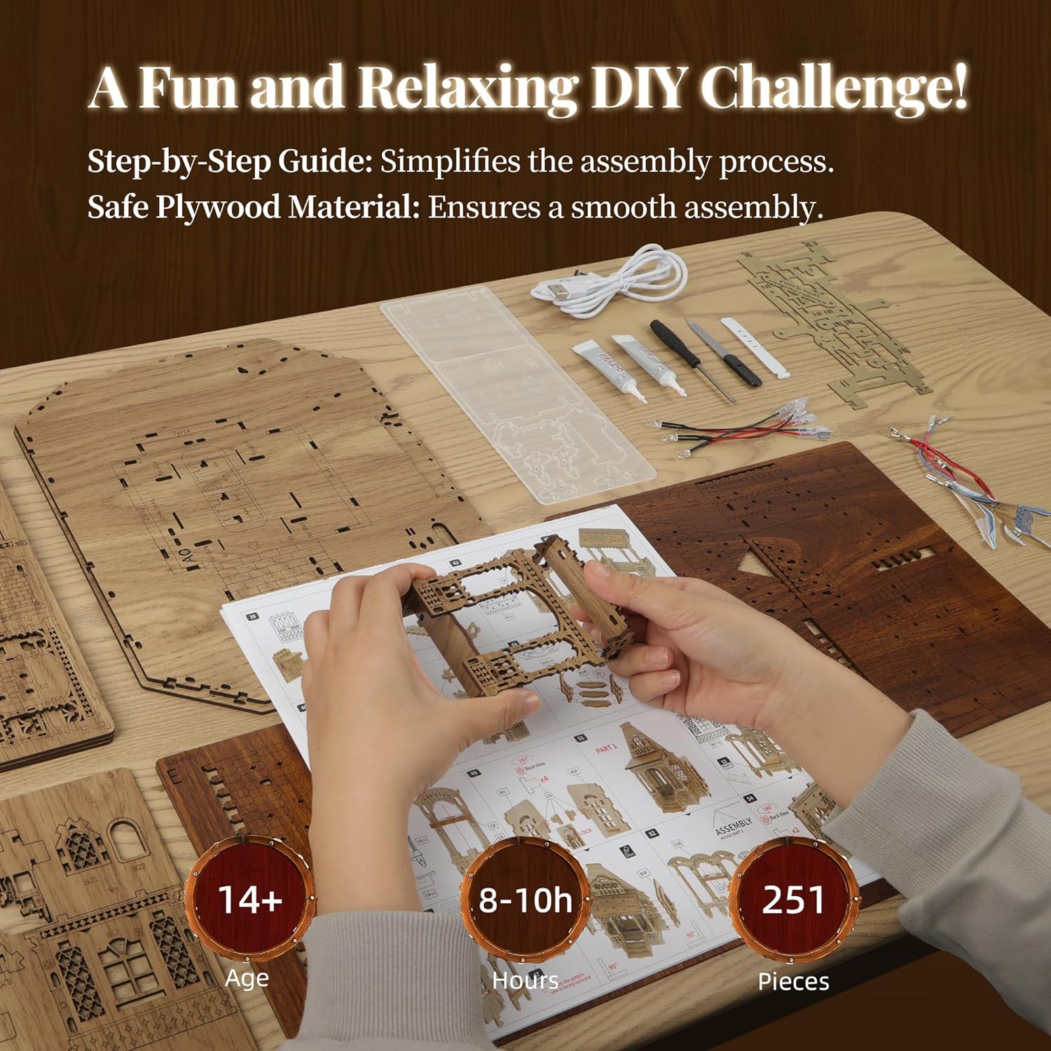 FUNPOLA LED 3D Wood Puzzle Countryside Cottage Model - DIY Miniature Building Kit with Spark LED Lights - 3D Craft Rural Architecture Home Décor Gift for Adults