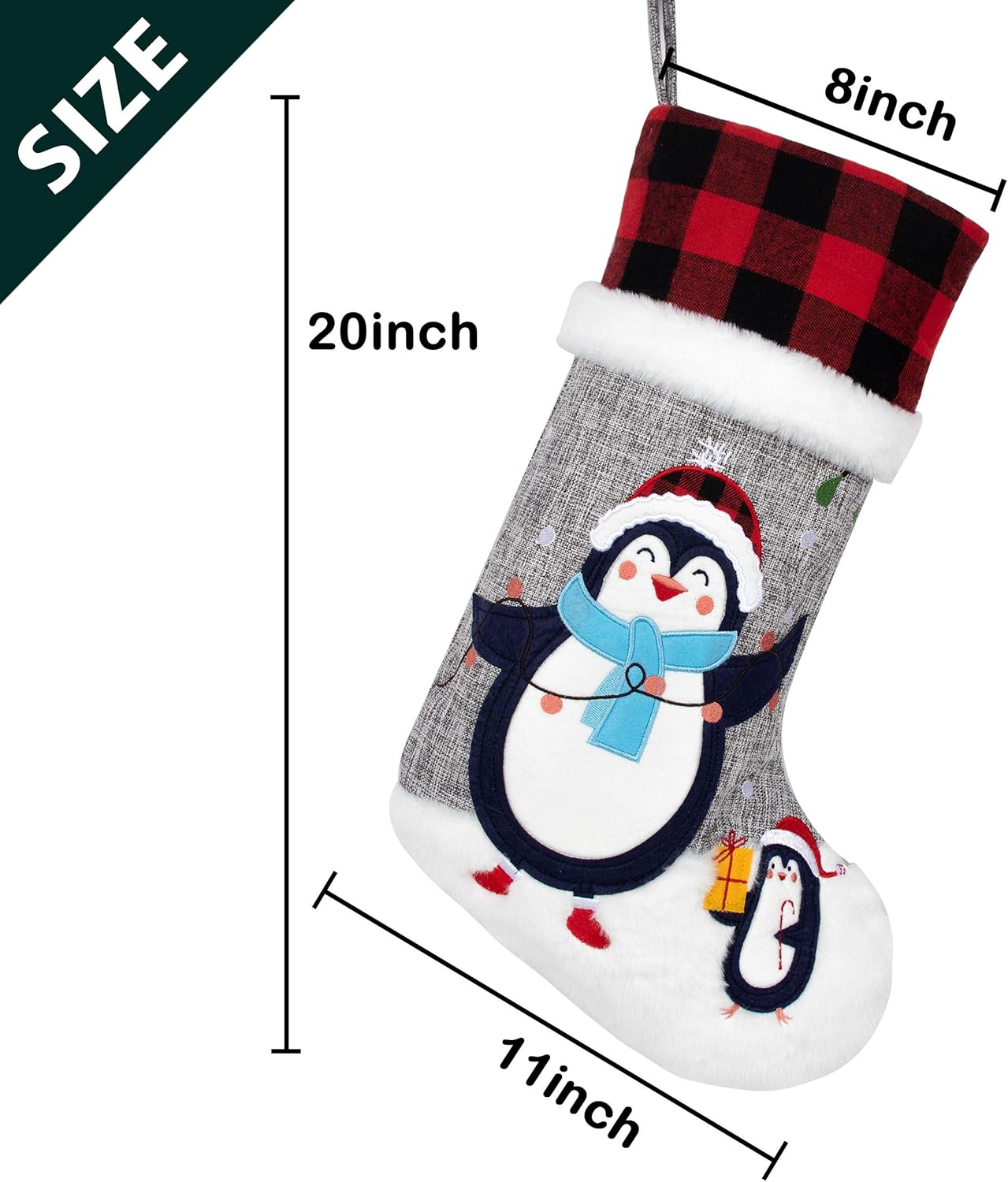 BHD BEAUTY Set of 6 Christmas Stockings Gray Burlap Buffalo Red Plaid Soft Faux Fur 20 Inches Lovely Embroidery Pattern for Family Decorations Hanging Ornament for Xmas Holiday Party