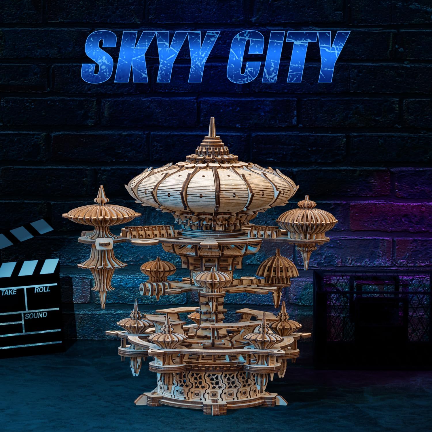 RUIFAM 3D Wooden Puzzles for Adults, SkyCity Music Box Model Kit, 600+ Pcs Cityscape Design, Challenging Mechanical DIY Craft, STEM Toy and Unique Gift for All Occasions