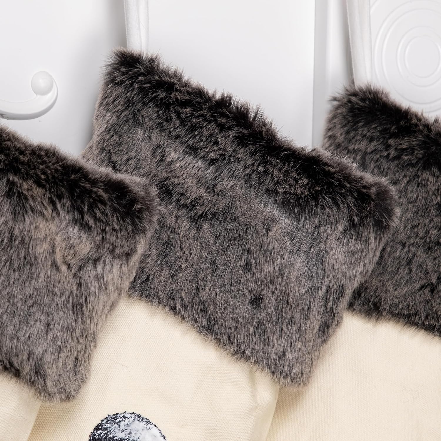 BHD BEAUTY Set of 6 Christmas Stockings Gray Burlap Buffalo Red Plaid Soft Faux Fur 20 Inches Lovely Embroidery Pattern for Family Decorations Hanging Ornament for Xmas Holiday Party