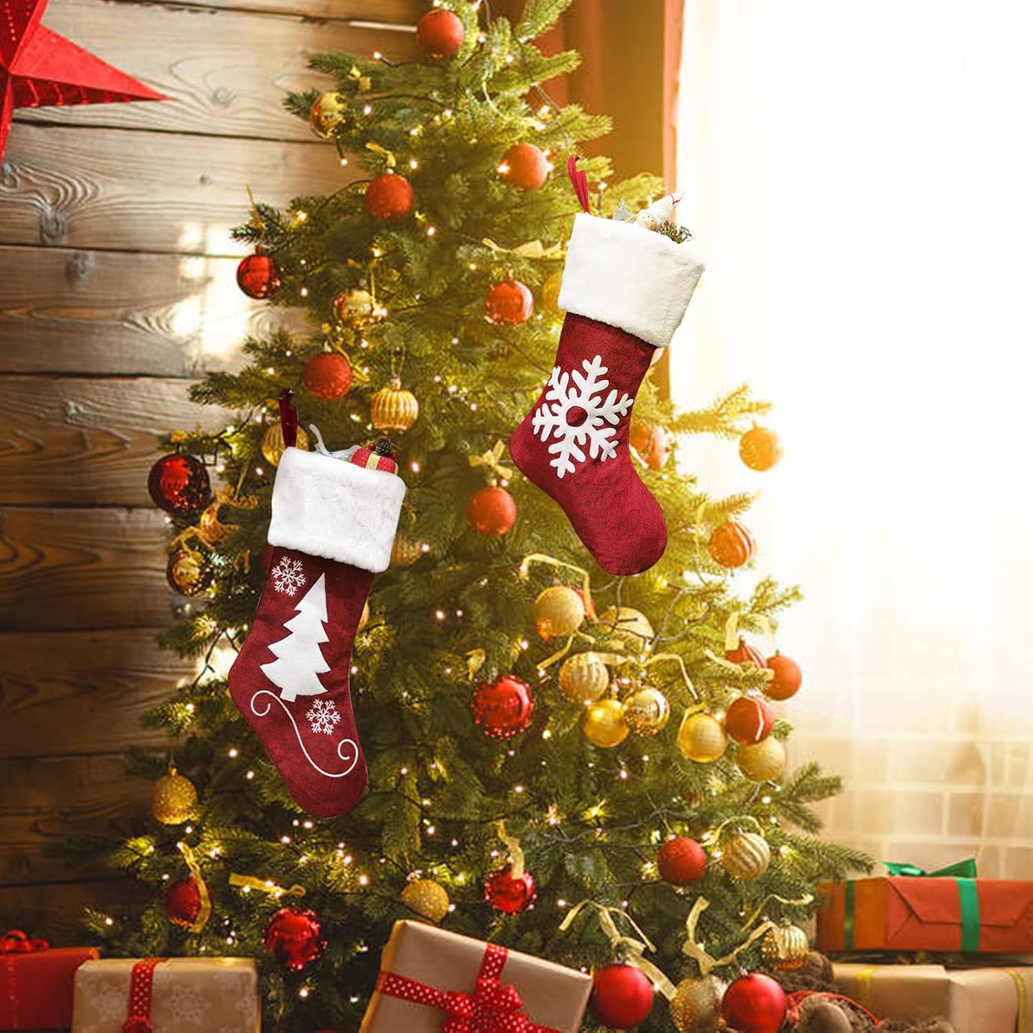 Meajore 2 Pcs Christmas Stockings New Set, 3D Gnomes Santa Christmas Stockings Personalized (18inch) Soft Classic Red and Grey Fireplace Hanging for Family Holiday Xmas Party Decorations