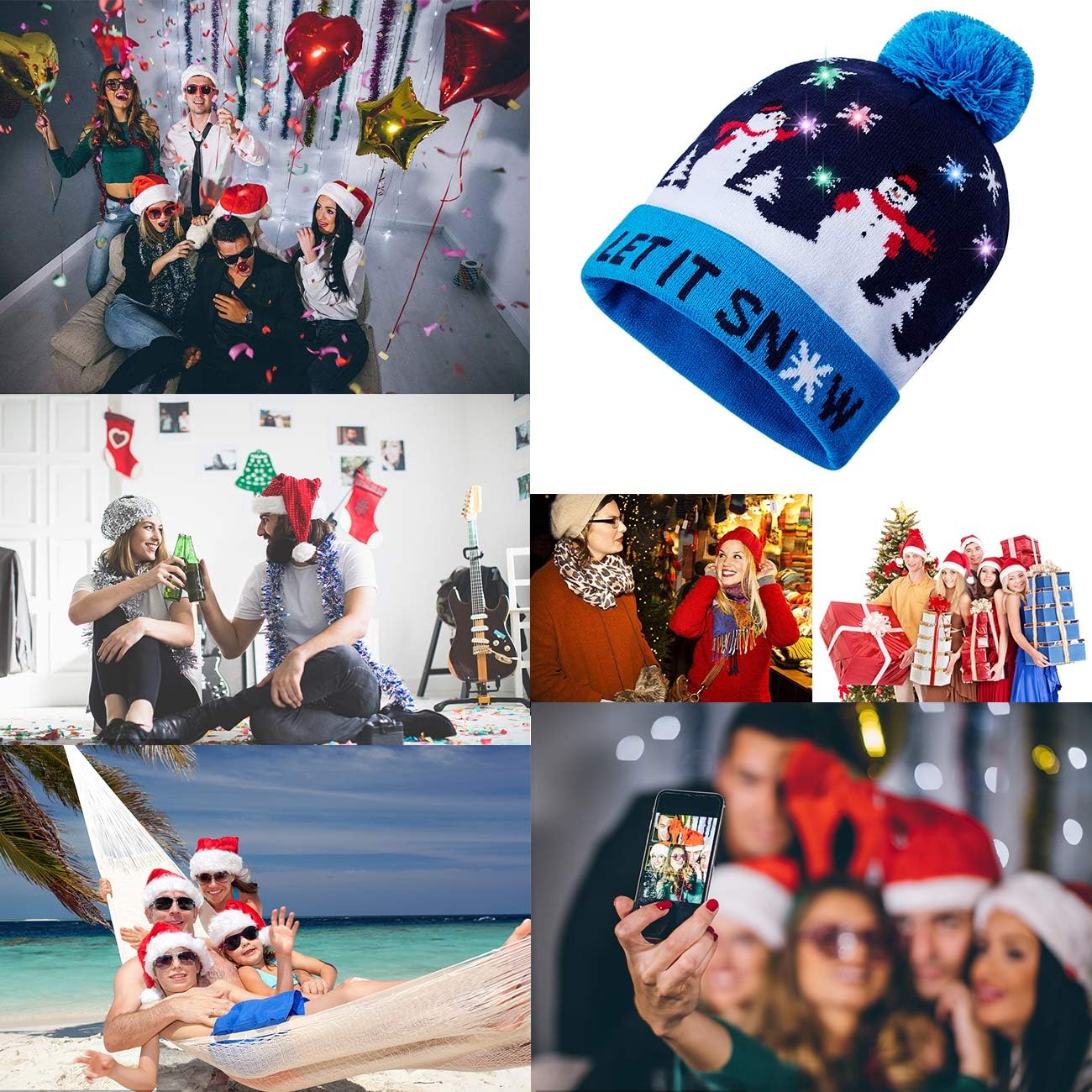 Unisex Ugly LED Christmas Hat Novelty Colorful Light-up Stylish Knitted Sweater Xmas Party Beanie Cap(6 Lights)