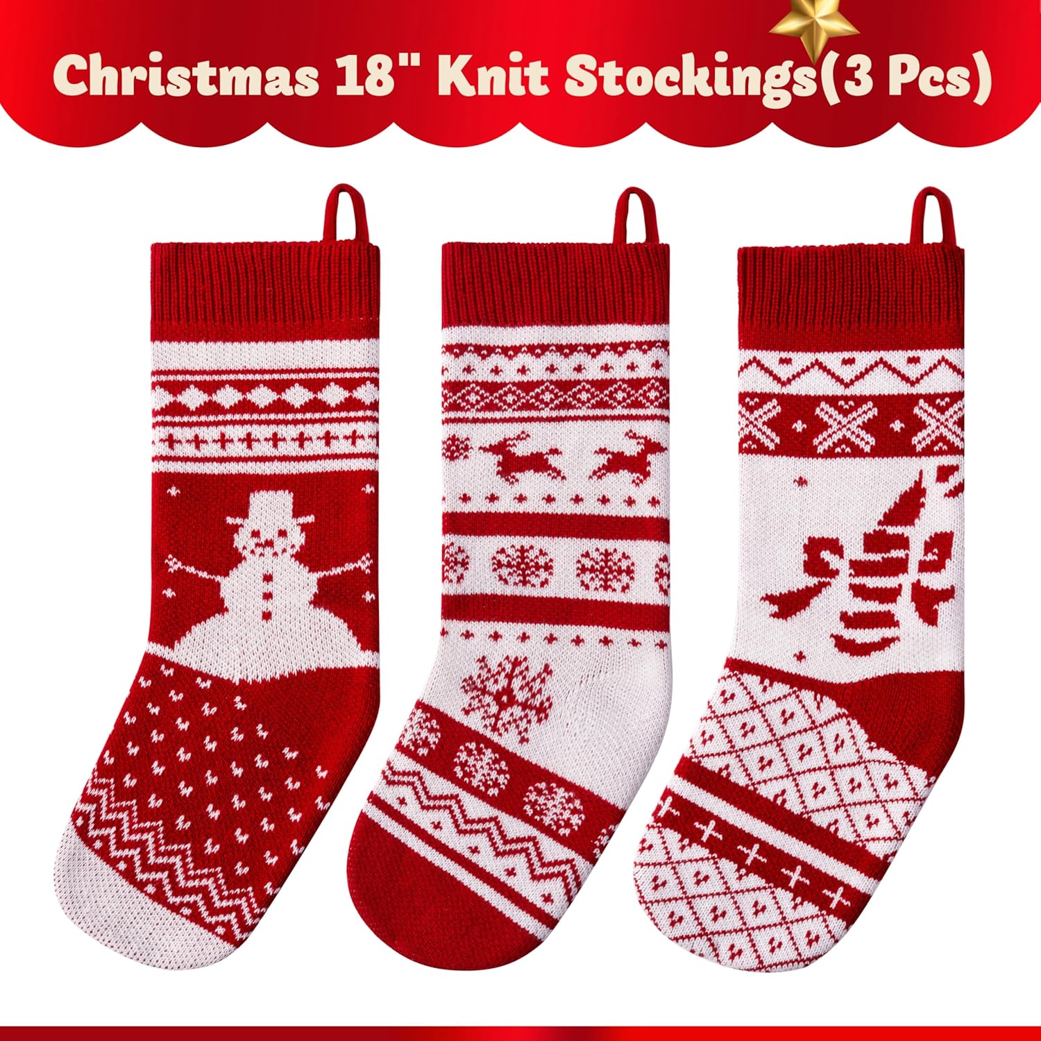 JOYIN 3 Pack 18” Christmas Stockings, Large Size Rustic Cable Knit Xmas Stocking in Red & Green, for Family Holiday Season Decorations