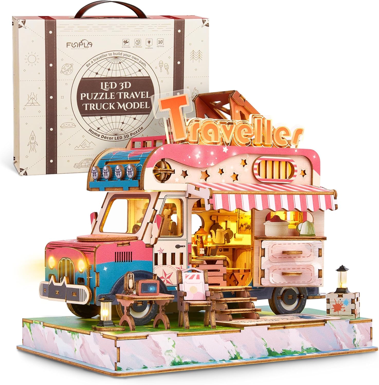 FUNPOLA 3D Wood Puzzle Travel Truck Model - DIY Miniature Adventure Truck Kit with LED Lights - Creative Gift for Kids and Adults(Travel Truck)