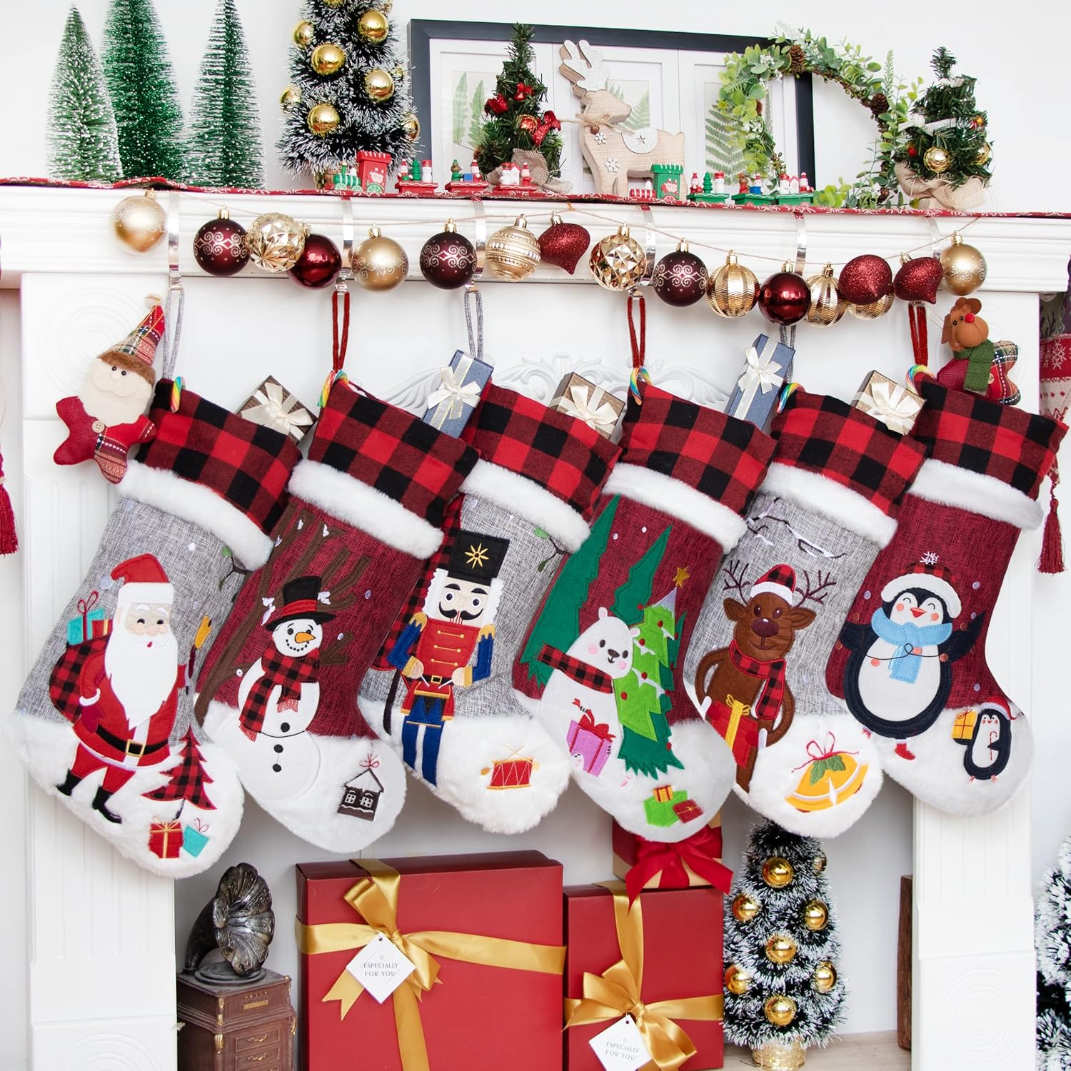 BHD BEAUTY Set of 6 Christmas Stockings Gray Burlap Buffalo Red Plaid Soft Faux Fur 20 Inches Lovely Embroidery Pattern for Family Decorations Hanging Ornament for Xmas Holiday Party