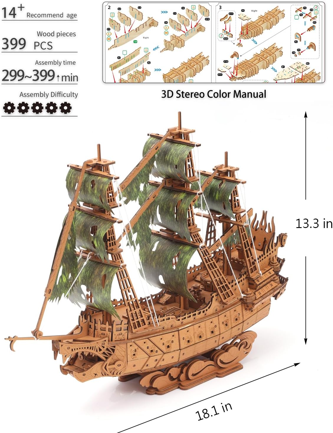 Desafiante rompecabezas de madera 3D de holandés volador para adultos, kit de modelo de barco pirata para construir, regalo ideal de Navidad o cumpleaños para entusiastas de los rompecabezas