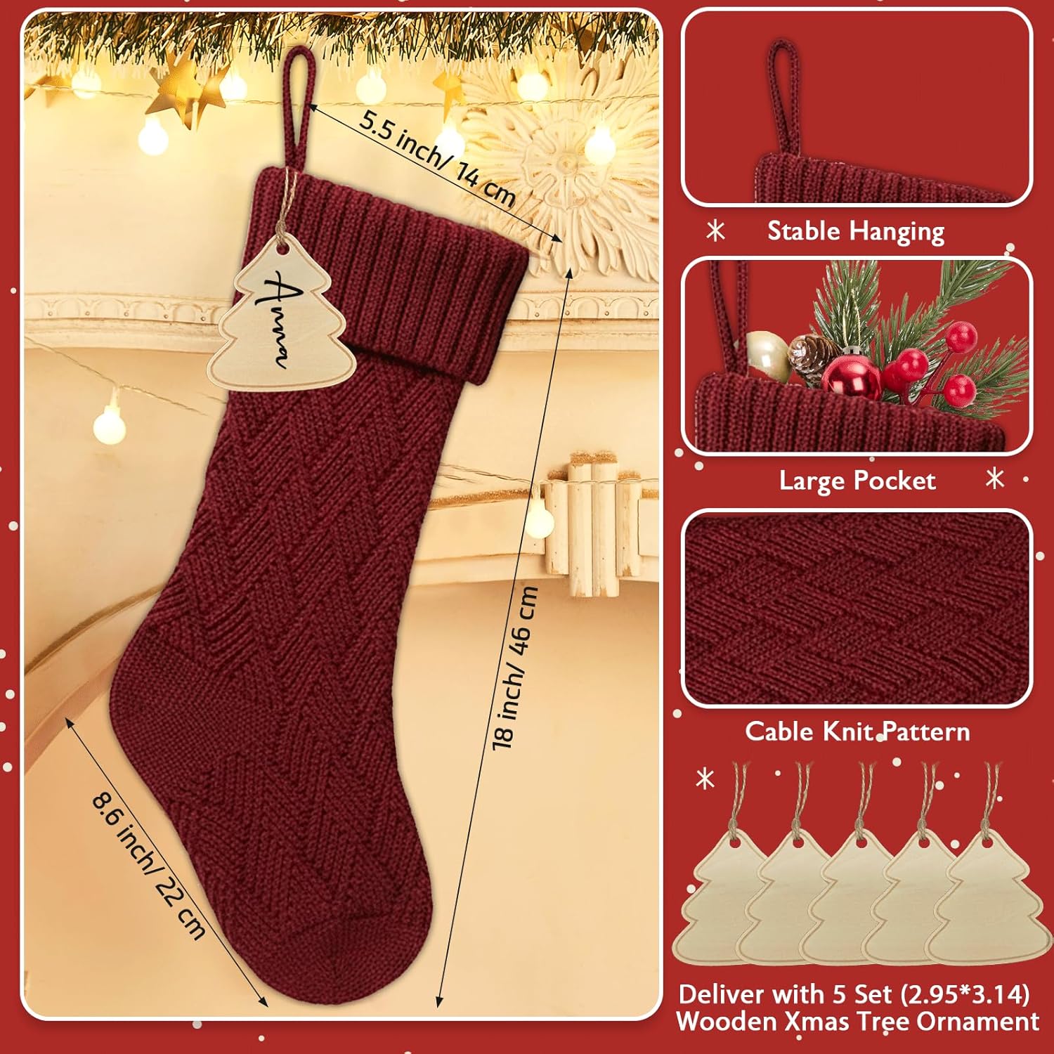 Flycalf Velvet Christmas Stockings 6 Pack Large 20 Inches with Hanging Loop Embroidery Classic Luxury Family Ornament Fireplace Hanging Stockings for Christmas Decorations