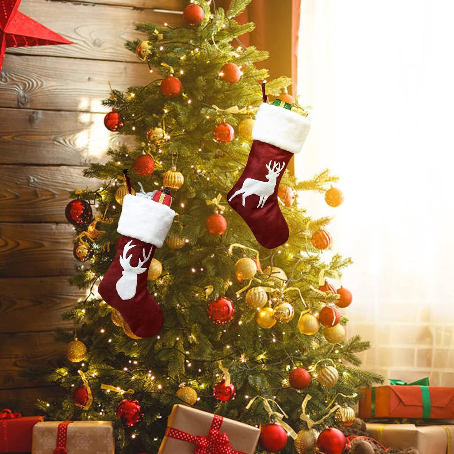 Meajore 2 Pcs Christmas Stockings New Set, 3D Gnomes Santa Christmas Stockings Personalized (18inch) Soft Classic Red and Grey Fireplace Hanging for Family Holiday Xmas Party Decorations