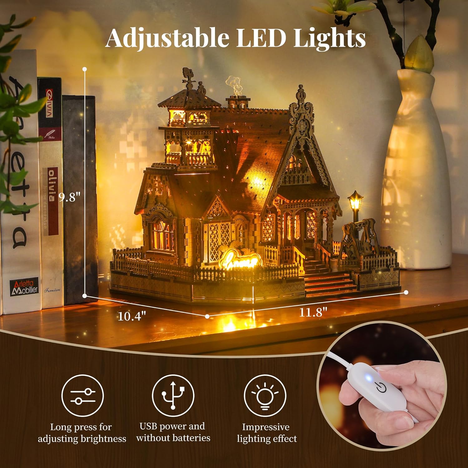 FUNPOLA LED 3D Wood Puzzle Countryside Cottage Model - DIY Miniature Building Kit with Spark LED Lights - 3D Craft Rural Architecture Home Décor Gift for Adults
