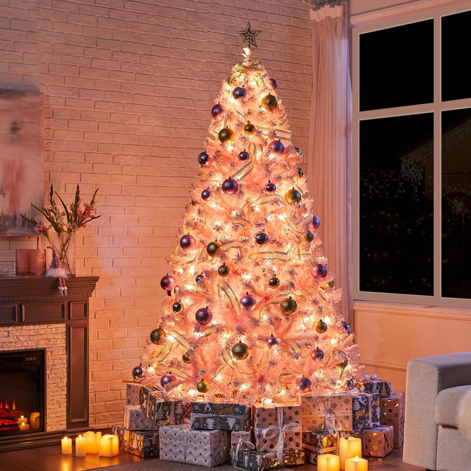 6ft Snow Flocked Pre-lit Christmas Tree with 250 Warm White Lights, 820 Lush Branch Tips & Quick-Assembly Hinged Design, Full Artificial Xmas Tree for Winter Holiday Décor, Green & White