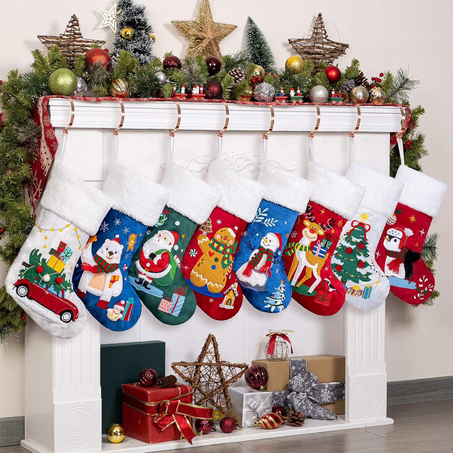 BHD BEAUTY Set of 6 Christmas Stockings Gray Burlap Buffalo Red Plaid Soft Faux Fur 20 Inches Lovely Embroidery Pattern for Family Decorations Hanging Ornament for Xmas Holiday Party