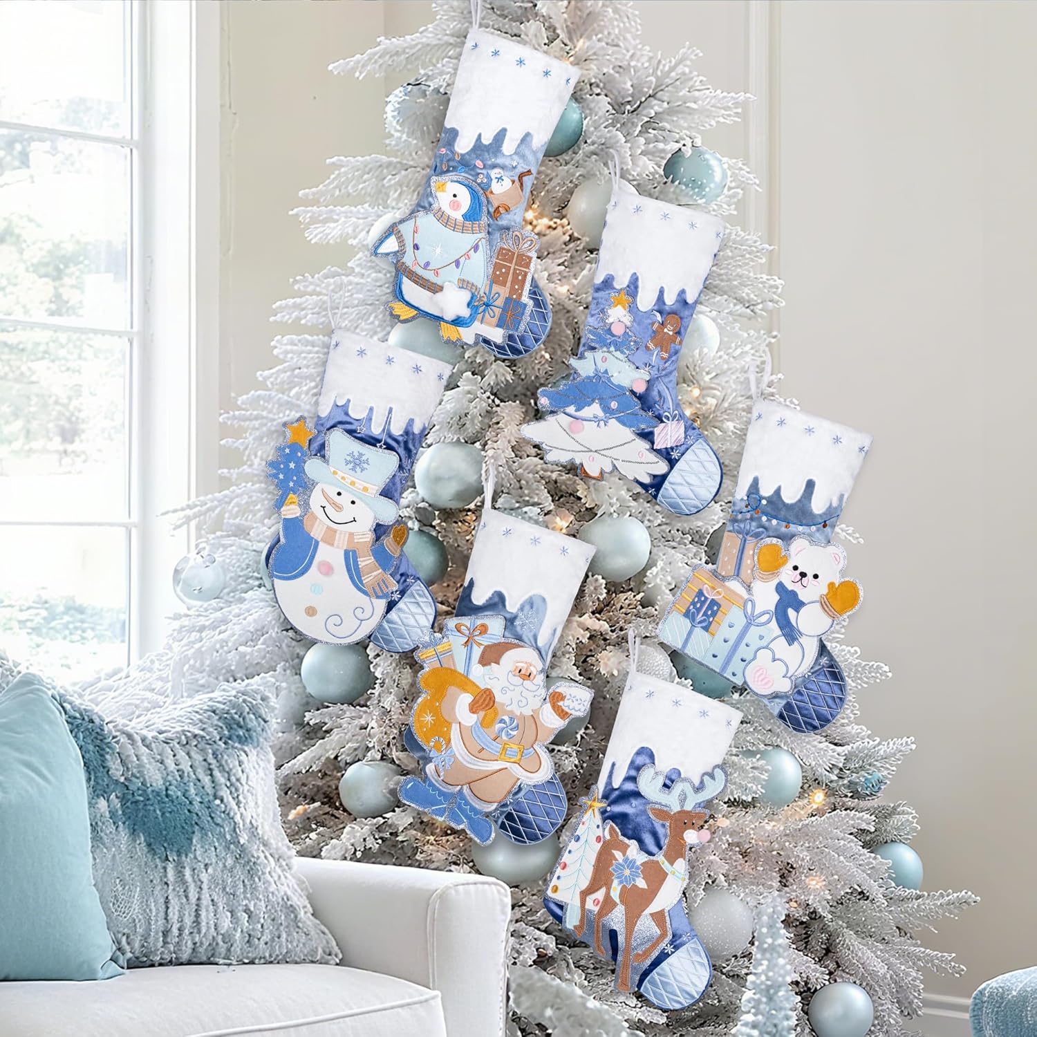 BHD BEAUTY Set of 6 Christmas Stockings Gray Burlap Buffalo Red Plaid Soft Faux Fur 20 Inches Lovely Embroidery Pattern for Family Decorations Hanging Ornament for Xmas Holiday Party