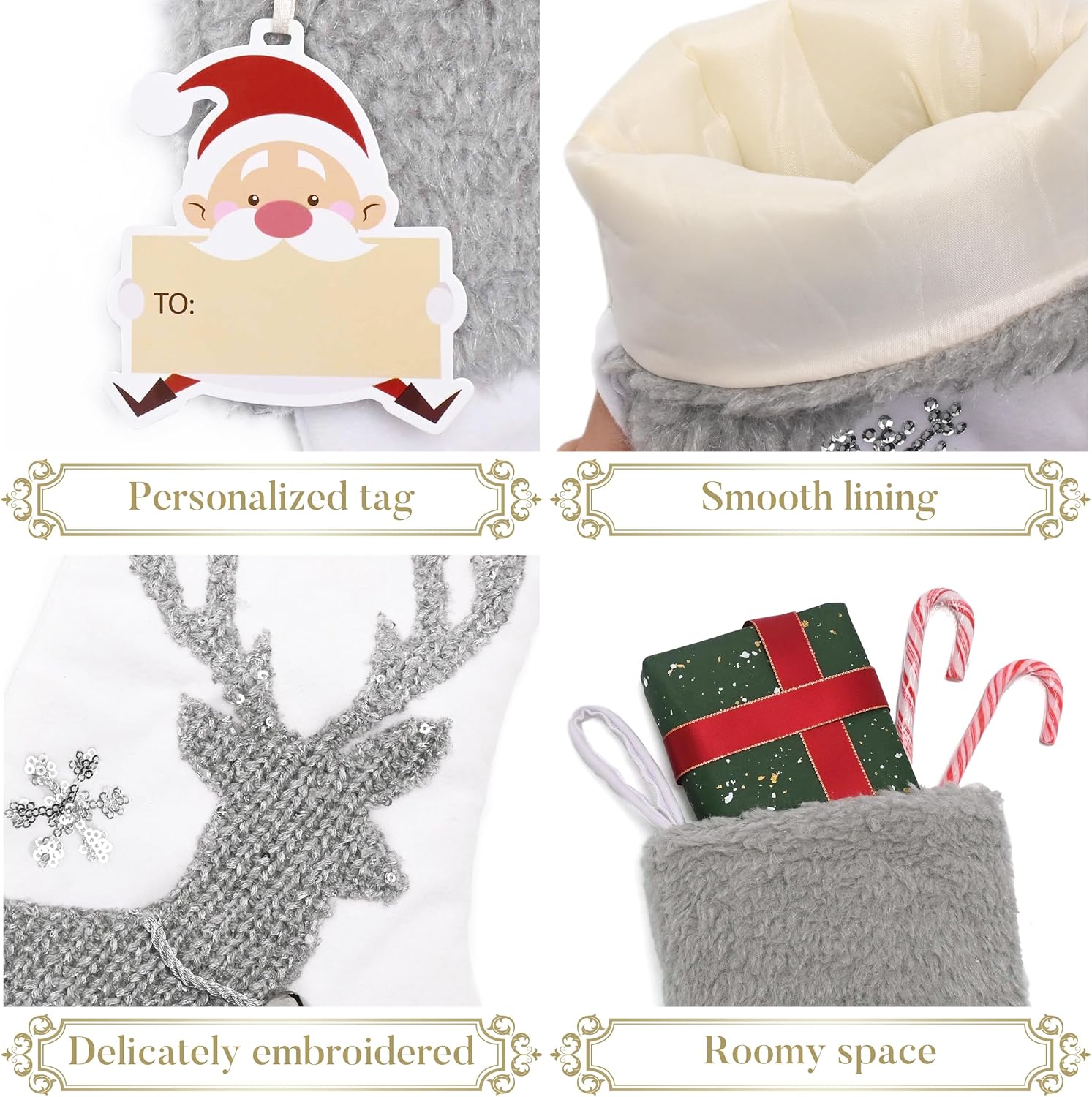 Valery Madelyn Christmas Stockings Decorations, 21 Inch Fabric 2 Pack Silver White Elk Embroidery Plush Personalized Fireplace Hanging Ornament for Holiday Xmas Party Decor