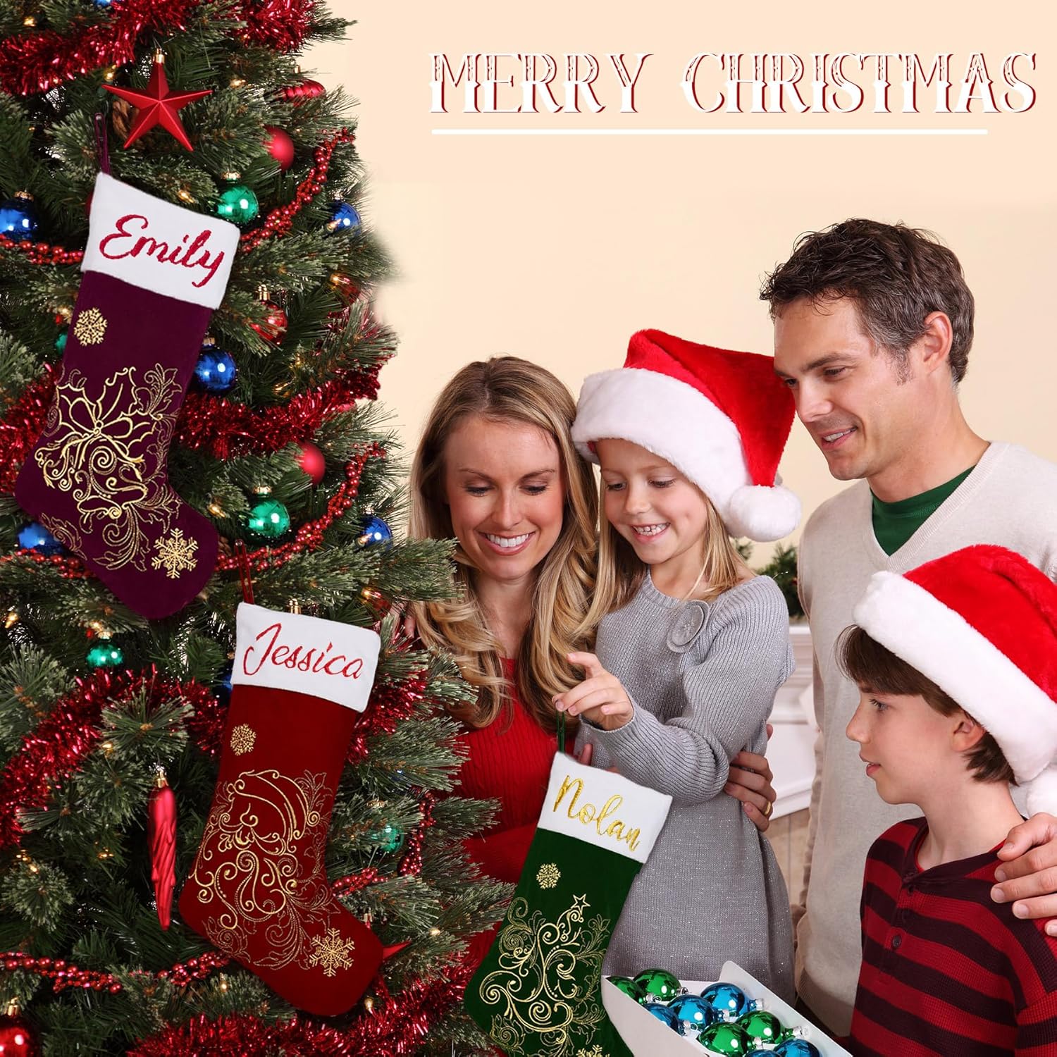 Flycalf Velvet Christmas Stockings 6 Pack Large 20 Inches with Hanging Loop Embroidery Classic Luxury Family Ornament Fireplace Hanging Stockings for Christmas Decorations