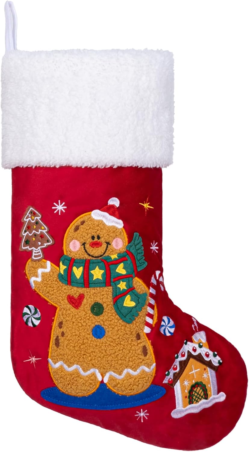 BHD BEAUTY Set of 6 Christmas Stockings Gray Burlap Buffalo Red Plaid Soft Faux Fur 20 Inches Lovely Embroidery Pattern for Family Decorations Hanging Ornament for Xmas Holiday Party