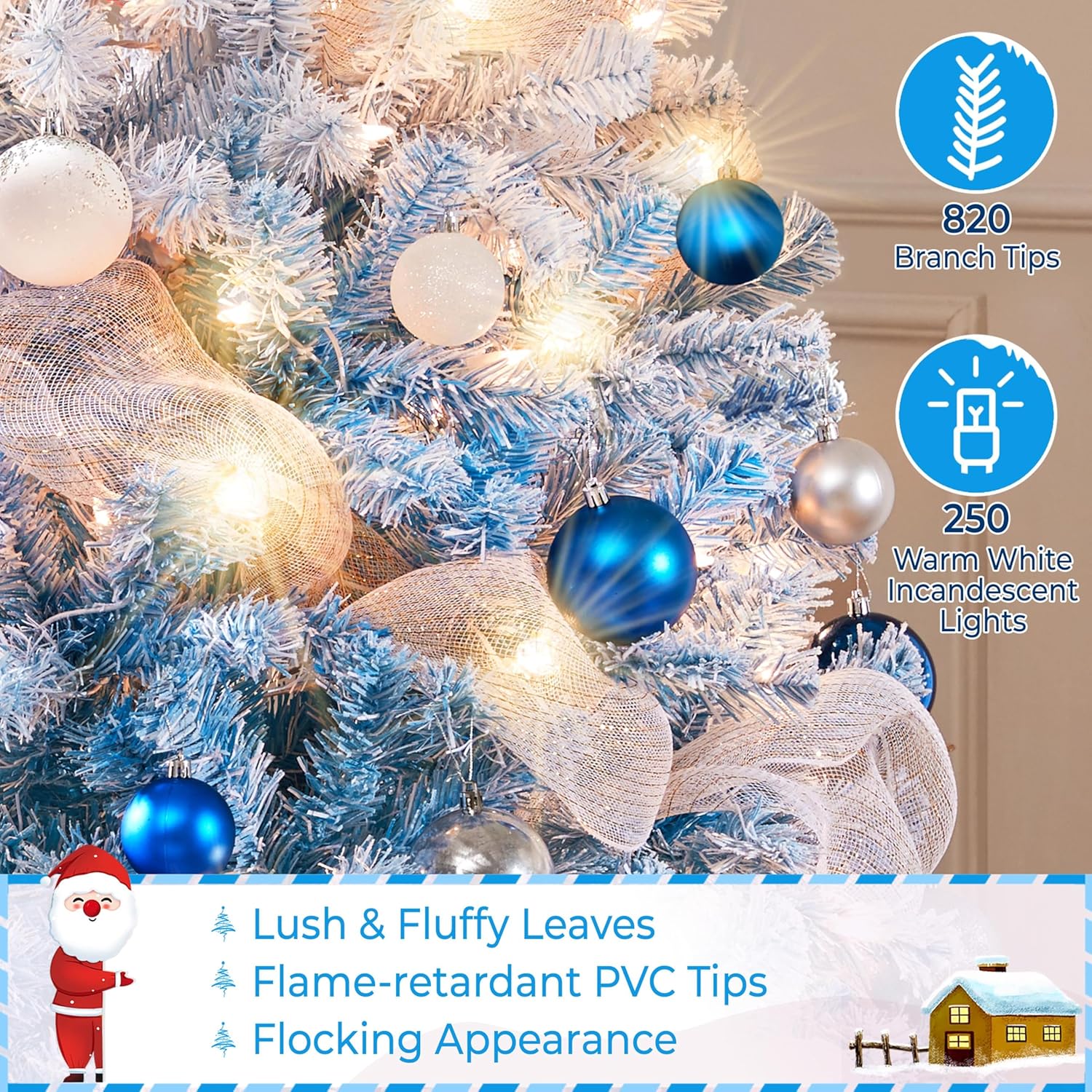 6ft Snow Flocked Pre-lit Christmas Tree with 250 Warm White Lights, 820 Lush Branch Tips & Quick-Assembly Hinged Design, Full Artificial Xmas Tree for Winter Holiday Décor, Green & White