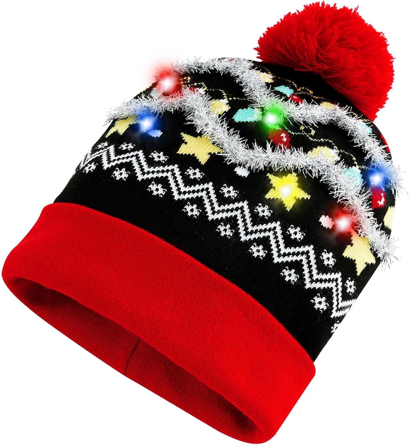 Unisex Ugly LED Christmas Hat Novelty Colorful Light-up Stylish Knitted Sweater Xmas Party Beanie Cap(6 Lights)