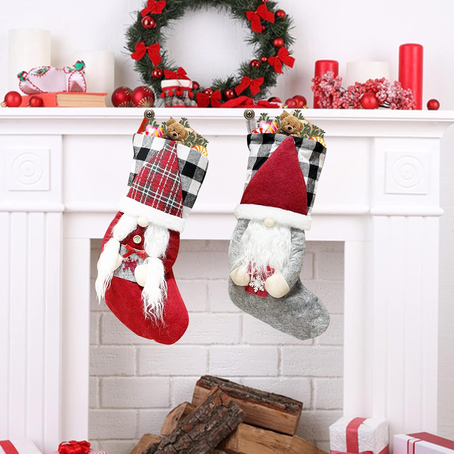 Meajore 2 Pcs Christmas Stockings New Set, 3D Gnomes Santa Christmas Stockings Personalized (18inch) Soft Classic Red and Grey Fireplace Hanging for Family Holiday Xmas Party Decorations