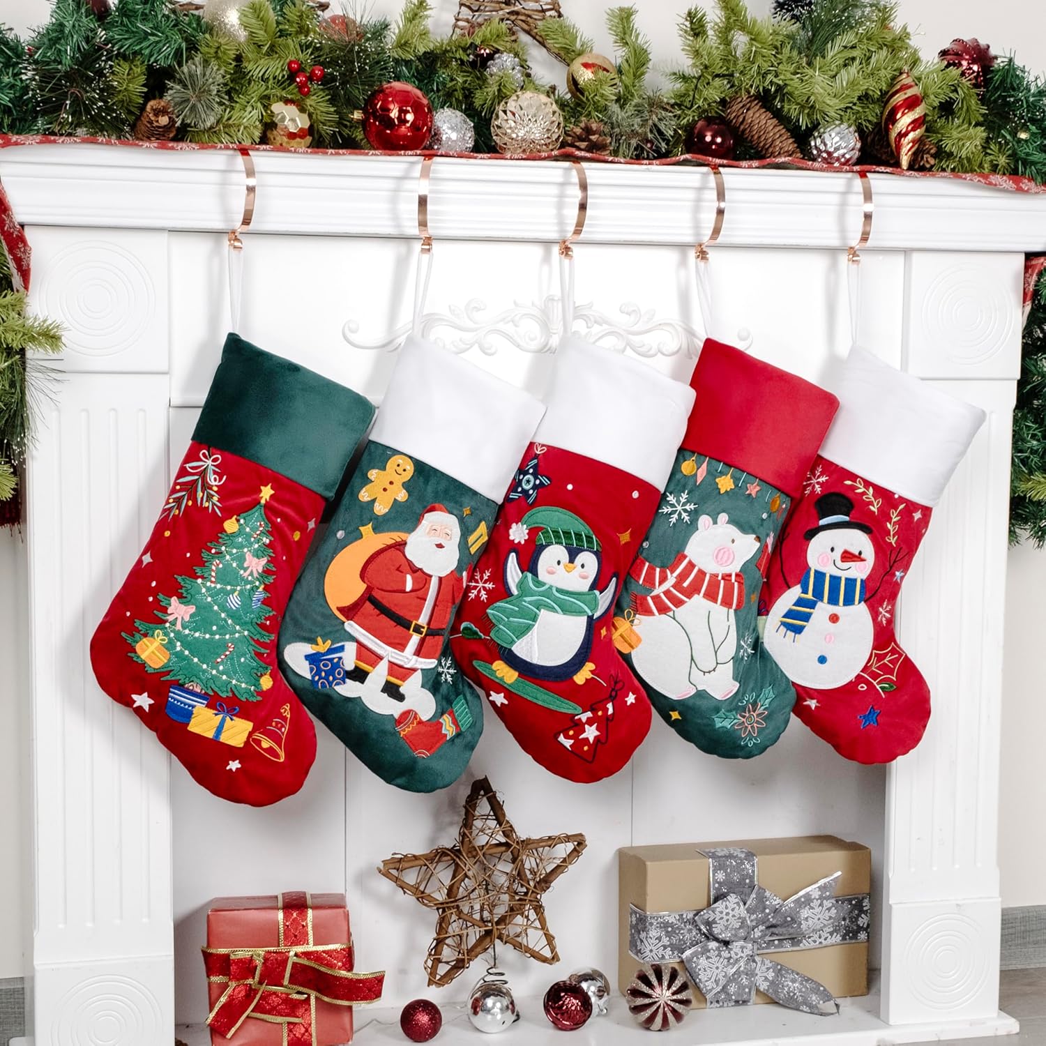 BHD BEAUTY Set of 6 Christmas Stockings Gray Burlap Buffalo Red Plaid Soft Faux Fur 20 Inches Lovely Embroidery Pattern for Family Decorations Hanging Ornament for Xmas Holiday Party