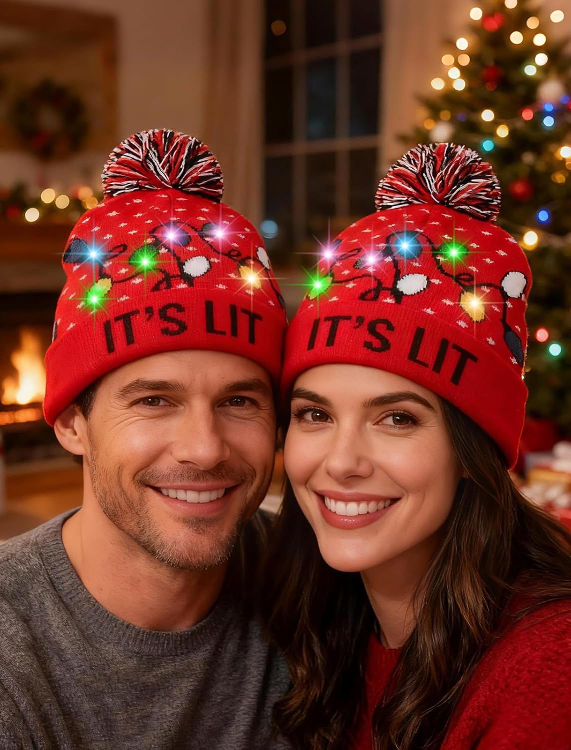 Unisex Ugly LED Christmas Hat Novelty Colorful Light-up Stylish Knitted Sweater Xmas Party Beanie Cap(6 Lights)