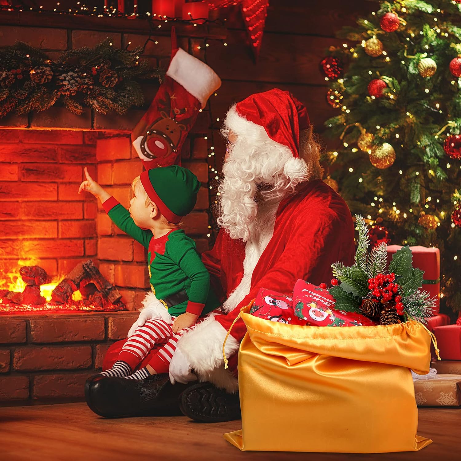 Christmas Santa Costume Set Includes Christmas Santa Hat Beard Wig White Gloves Glasses Present Bag for Xmas Costume