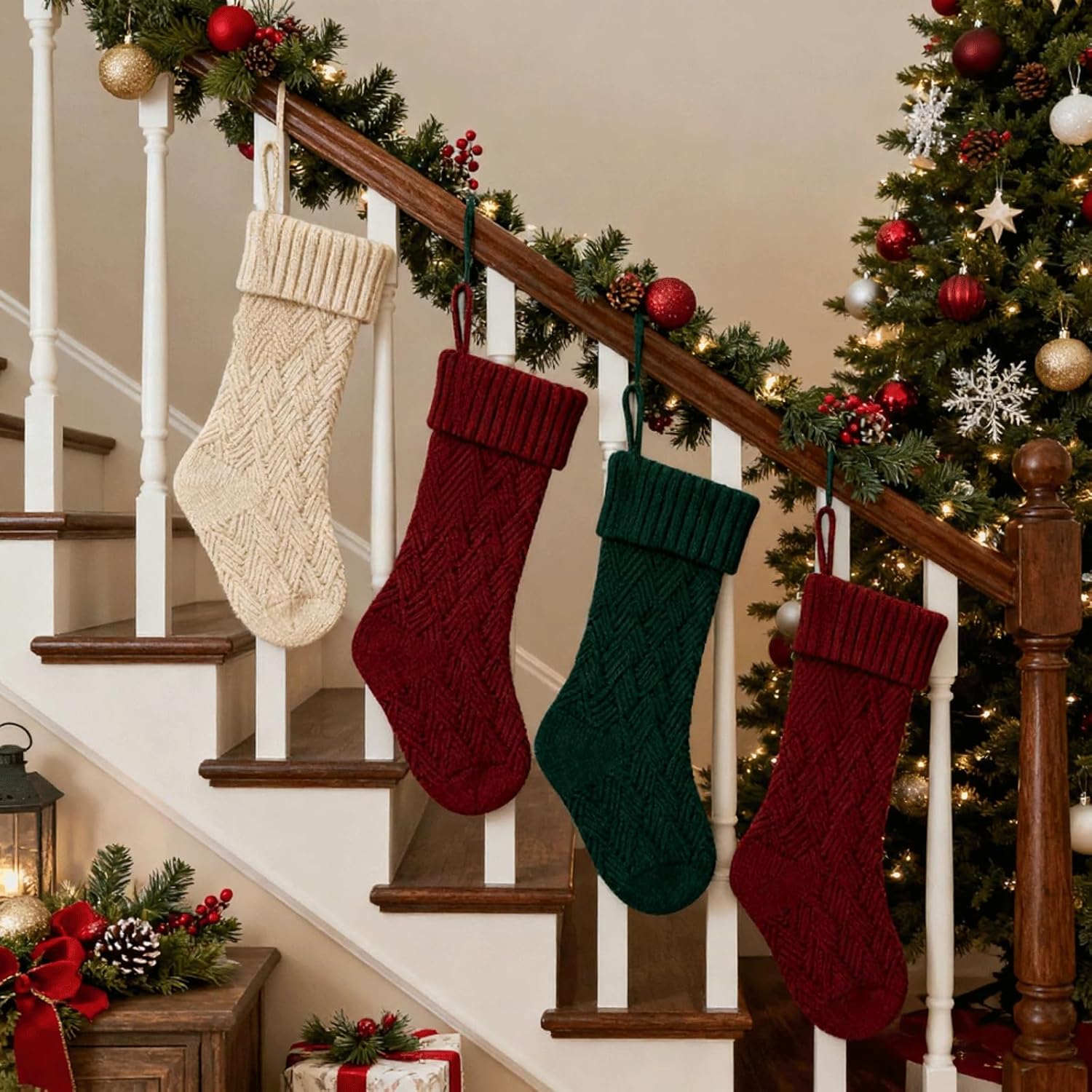 Flycalf Velvet Christmas Stockings 6 Pack Large 20 Inches with Hanging Loop Embroidery Classic Luxury Family Ornament Fireplace Hanging Stockings for Christmas Decorations