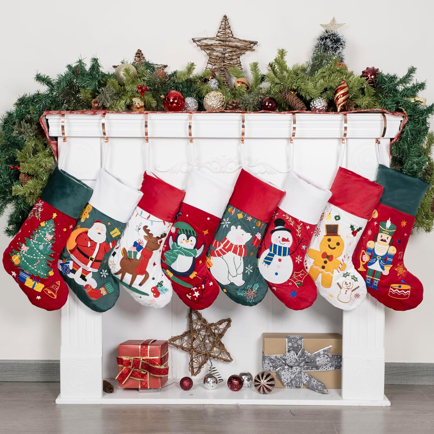 BHD BEAUTY Set of 6 Christmas Stockings Gray Burlap Buffalo Red Plaid Soft Faux Fur 20 Inches Lovely Embroidery Pattern for Family Decorations Hanging Ornament for Xmas Holiday Party