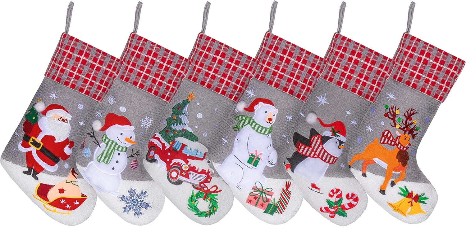 BHD BEAUTY Set of 6 Christmas Stockings Gray Burlap Buffalo Red Plaid Soft Faux Fur 20 Inches Lovely Embroidery Pattern for Family Decorations Hanging Ornament for Xmas Holiday Party