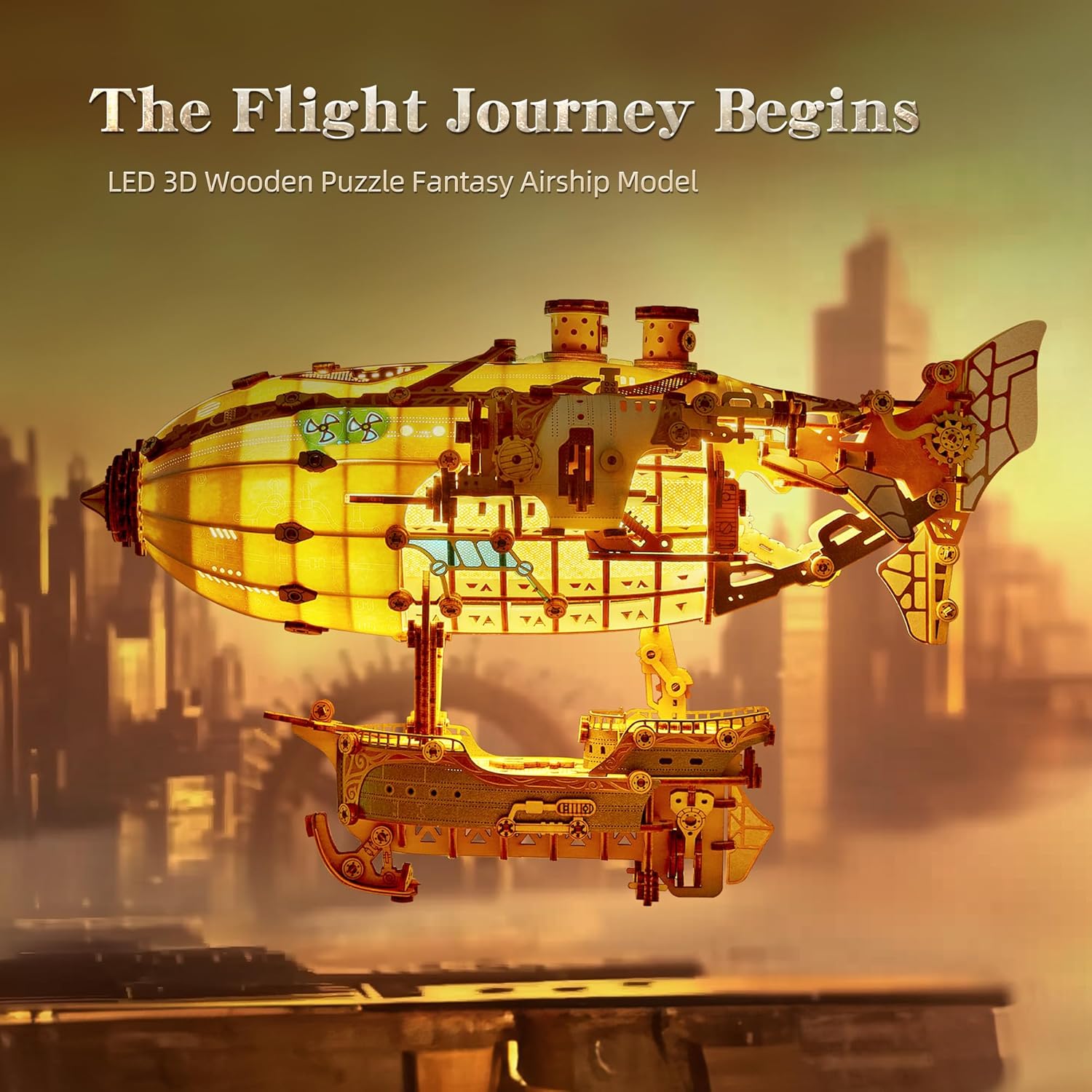 FUNPOLA LED 3D Wood Puzzle Fantasy Airship Model - Steampunk DIY Craft Kit with LED Lights – Intricate Wooden Airship Model Building Set for Teens and Adults(White)