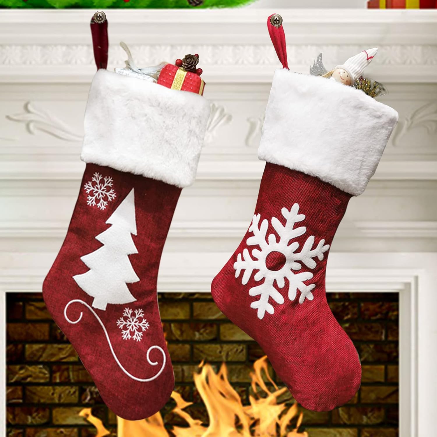 Meajore 2 Pcs Christmas Stockings New Set, 3D Gnomes Santa Christmas Stockings Personalized (18inch) Soft Classic Red and Grey Fireplace Hanging for Family Holiday Xmas Party Decorations