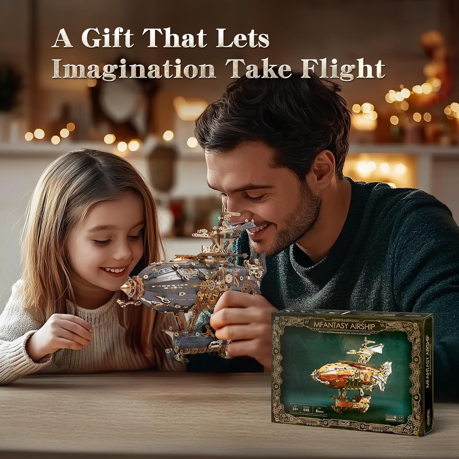 FUNPOLA LED 3D Wood Puzzle Fantasy Airship Model - Steampunk DIY Craft Kit with LED Lights – Intricate Wooden Airship Model Building Set for Teens and Adults(White)