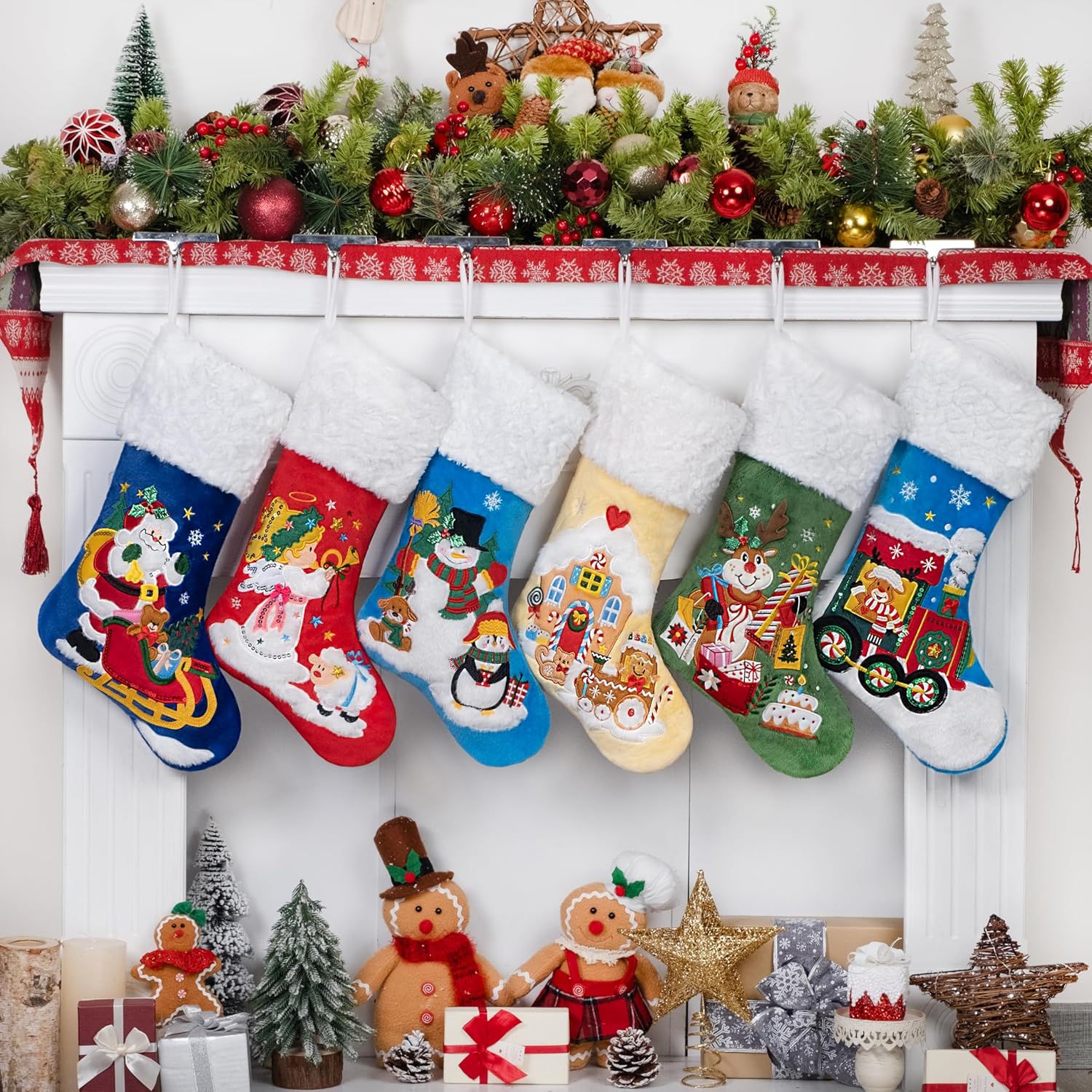 BHD BEAUTY Set of 6 Christmas Stockings Gray Burlap Buffalo Red Plaid Soft Faux Fur 20 Inches Lovely Embroidery Pattern for Family Decorations Hanging Ornament for Xmas Holiday Party