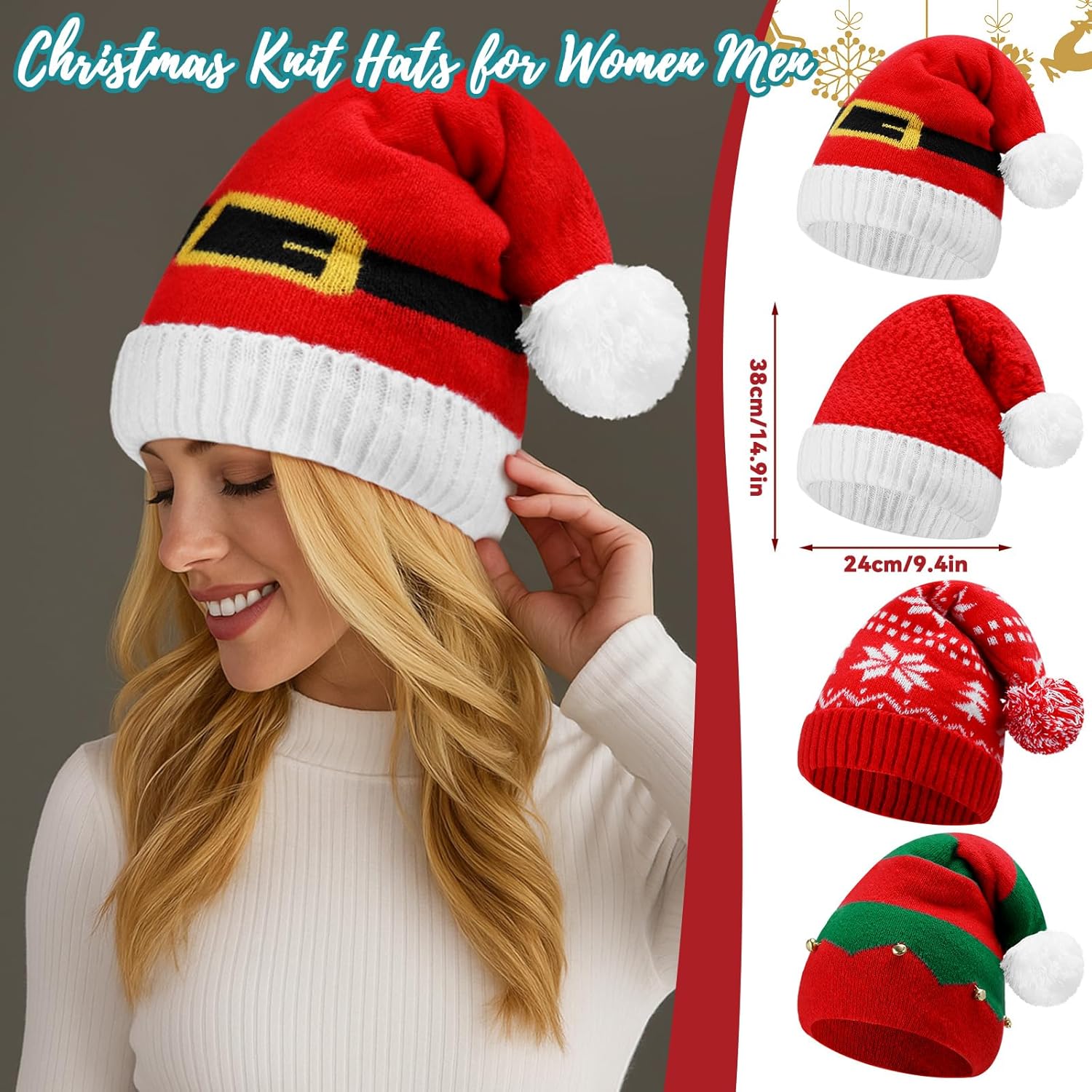 12 Pack Christmas Winter Accessories Set, 4 Christmas Beanies 4 Knitted Scarves and 4 Pairs of Holiday Socks Soft Warm Xmas Hat Scarf Sock Set for Family Parties Gifts
