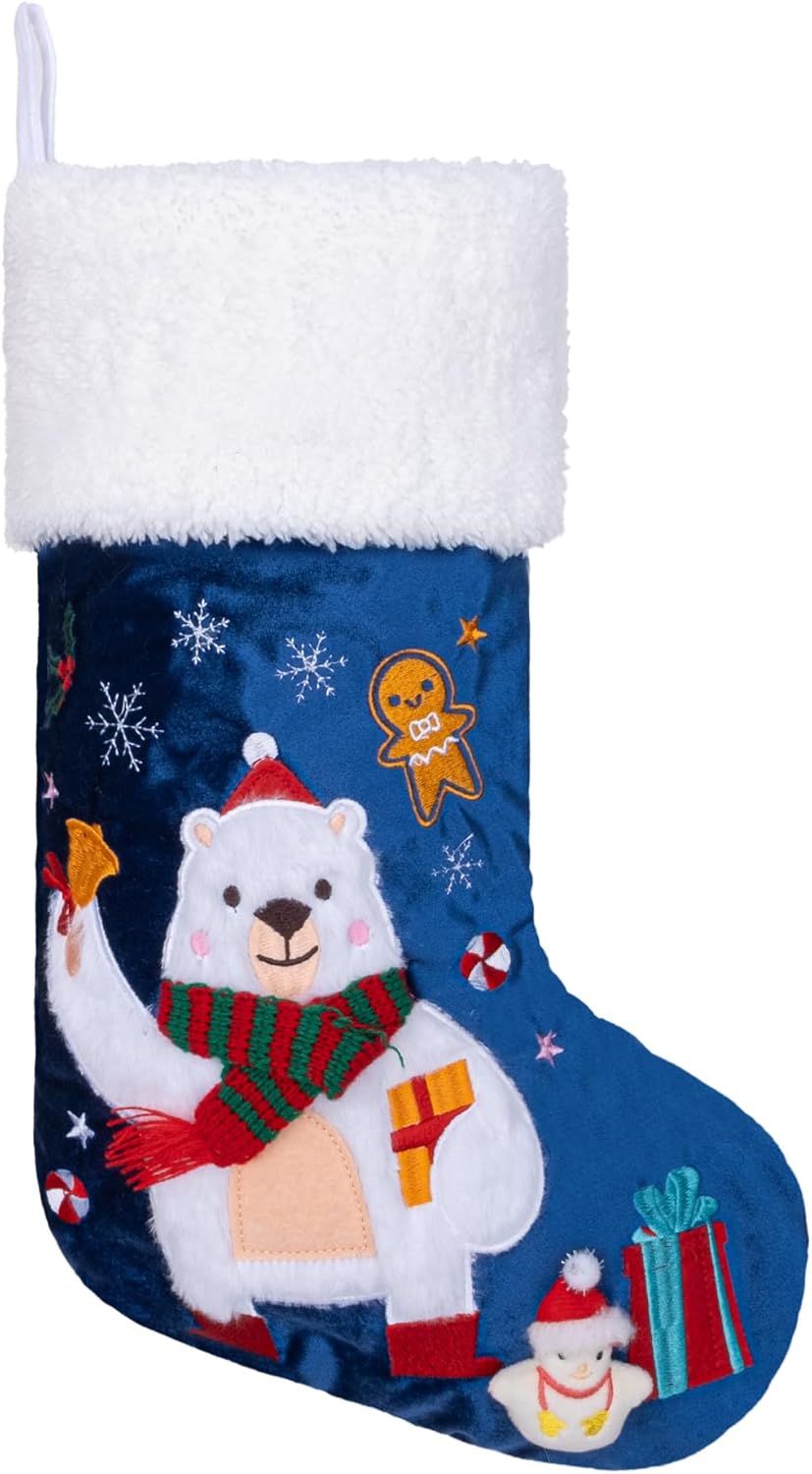 BHD BEAUTY Set of 6 Christmas Stockings Gray Burlap Buffalo Red Plaid Soft Faux Fur 20 Inches Lovely Embroidery Pattern for Family Decorations Hanging Ornament for Xmas Holiday Party