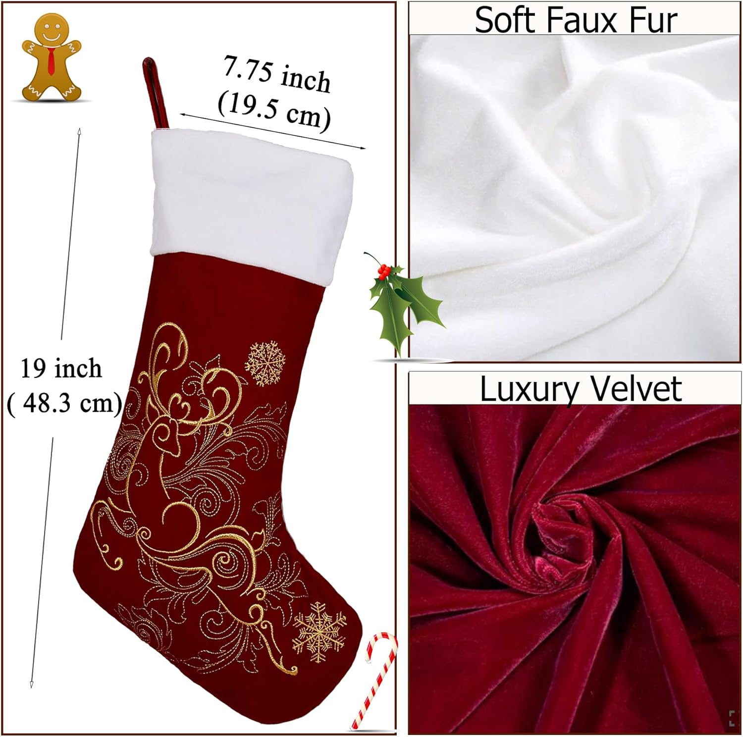 Flycalf Velvet Christmas Stockings 6 Pack Large 20 Inches with Hanging Loop Embroidery Classic Luxury Family Ornament Fireplace Hanging Stockings for Christmas Decorations