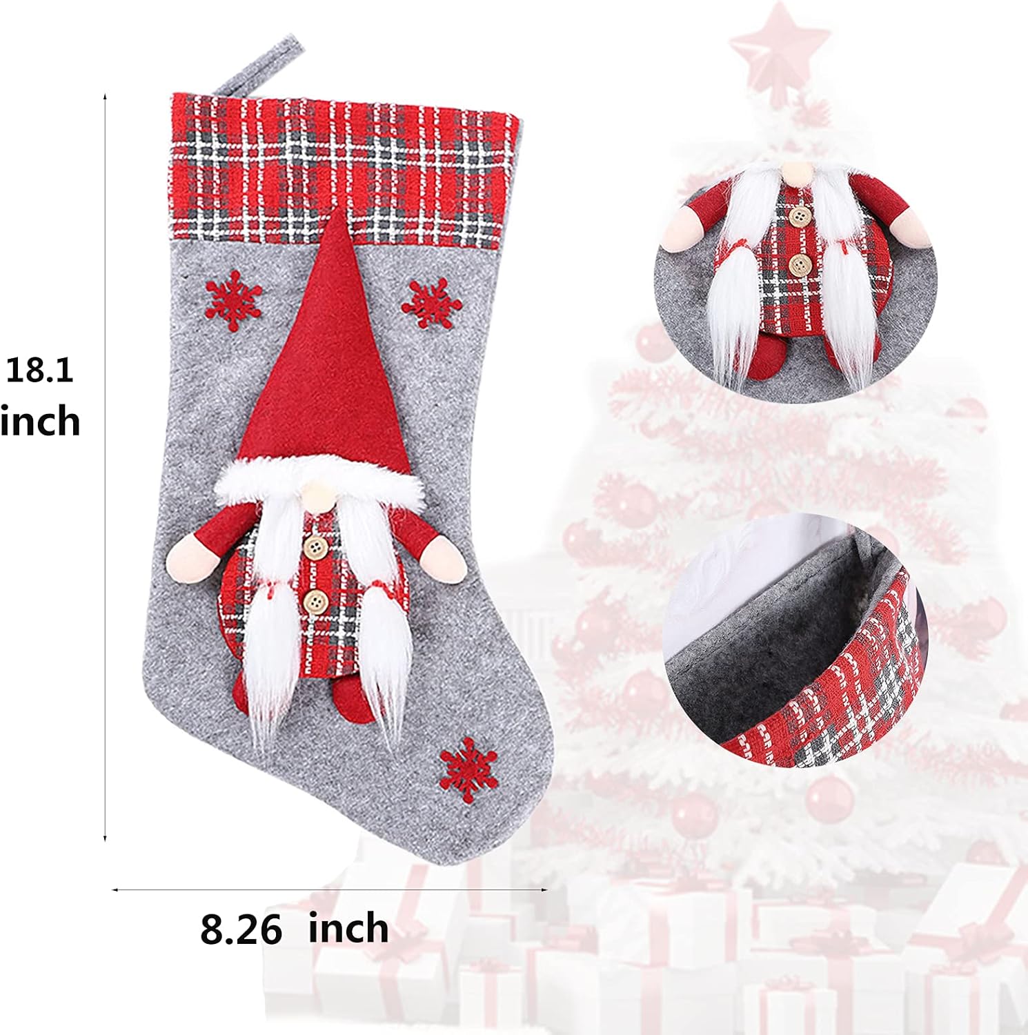 Meajore 2 Pcs Christmas Stockings New Set, 3D Gnomes Santa Christmas Stockings Personalized (18inch) Soft Classic Red and Grey Fireplace Hanging for Family Holiday Xmas Party Decorations