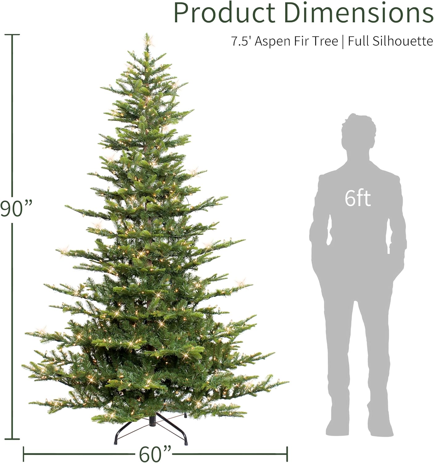 7.5ft Pre-Lit Aspen Fir Artificial Christmas Tree with 700 Clear Lights, 1319 Realistic Dense Branch Tips, Easy Setup Artificial Trees with Sturdy Metal Stand