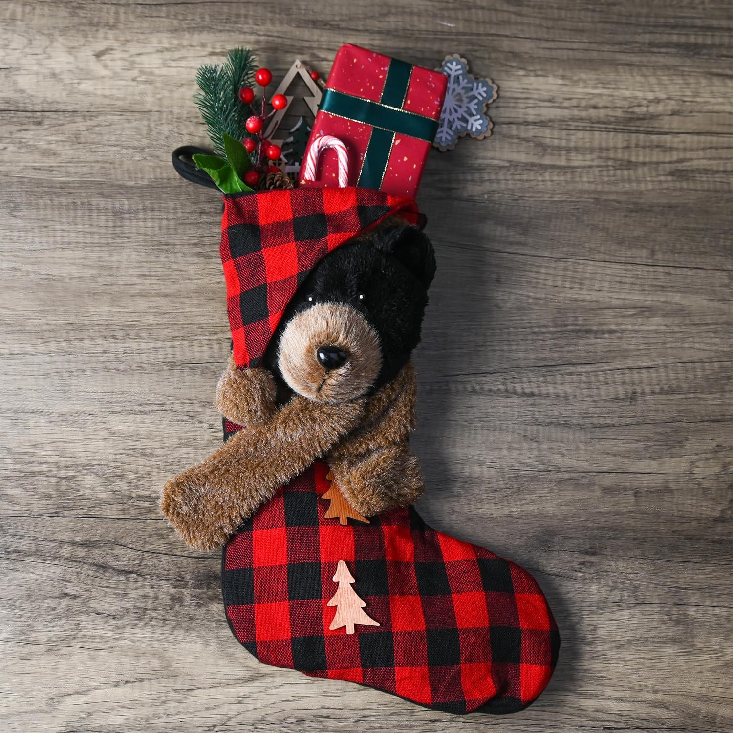 Valery Madelyn Christmas Stockings for Christmas Gifts & Decorations, 21 Inch Fabric Red Black Tartan Bear Cute Plush Personalized Fireplace Hanging Ornament for Holiday Xmas Party Decor