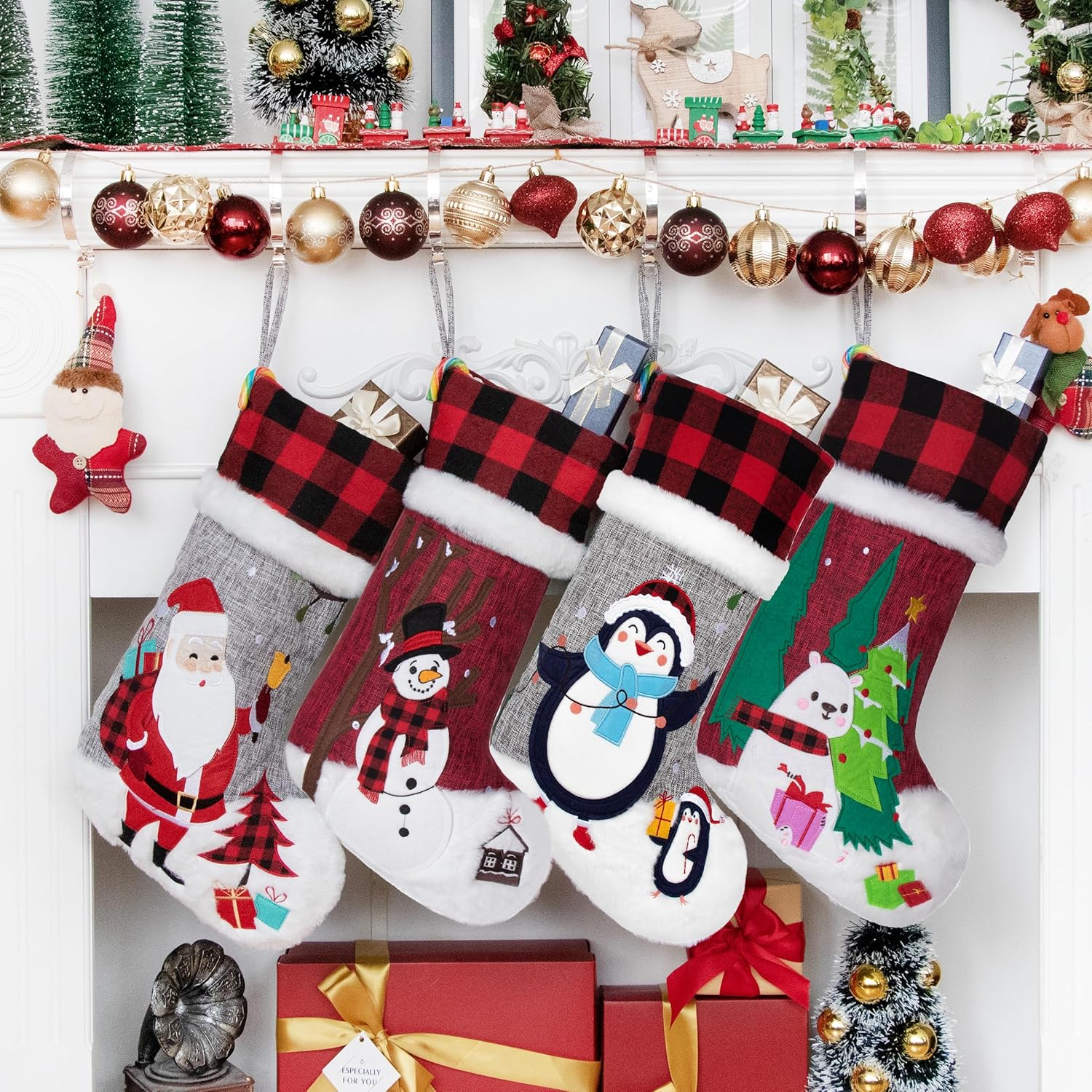 BHD BEAUTY Set of 6 Christmas Stockings Gray Burlap Buffalo Red Plaid Soft Faux Fur 20 Inches Lovely Embroidery Pattern for Family Decorations Hanging Ornament for Xmas Holiday Party