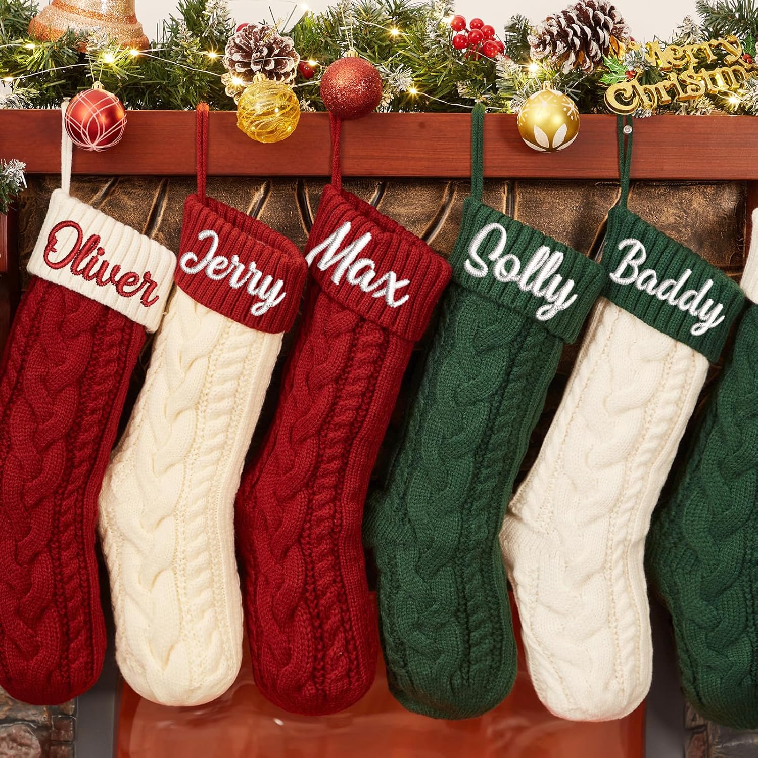 Flycalf Velvet Christmas Stockings 6 Pack Large 20 Inches with Hanging Loop Embroidery Classic Luxury Family Ornament Fireplace Hanging Stockings for Christmas Decorations