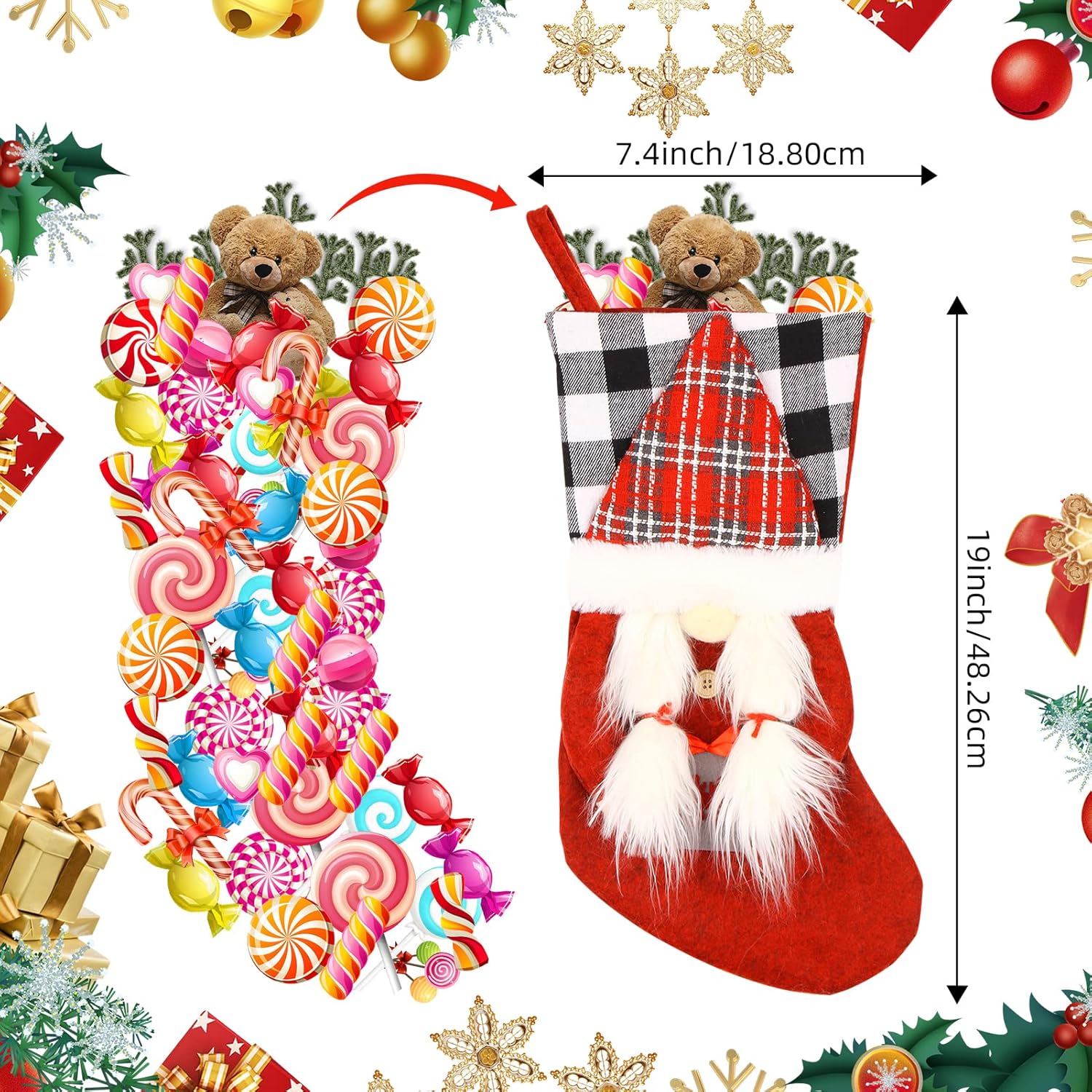 Meajore 2 Pcs Christmas Stockings New Set, 3D Gnomes Santa Christmas Stockings Personalized (18inch) Soft Classic Red and Grey Fireplace Hanging for Family Holiday Xmas Party Decorations