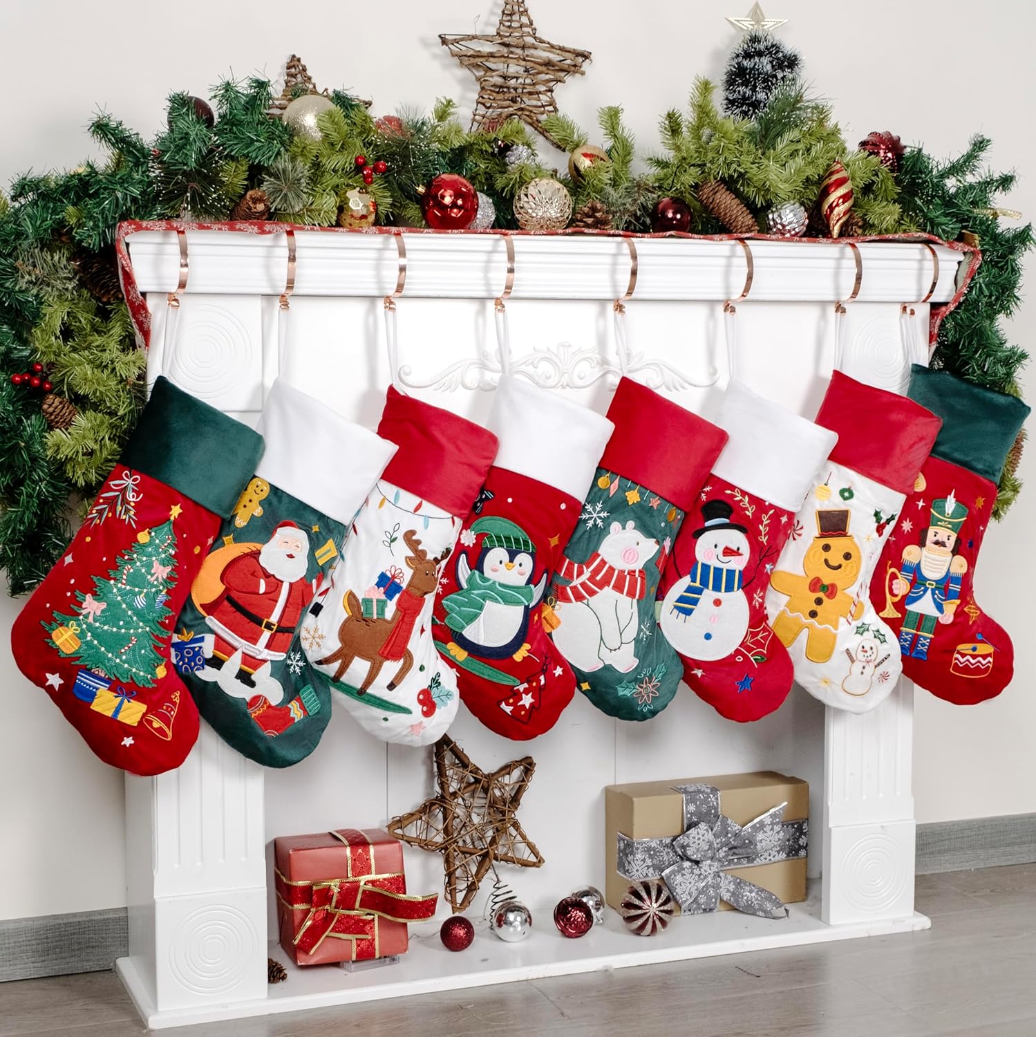 BHD BEAUTY Set of 6 Christmas Stockings Gray Burlap Buffalo Red Plaid Soft Faux Fur 20 Inches Lovely Embroidery Pattern for Family Decorations Hanging Ornament for Xmas Holiday Party